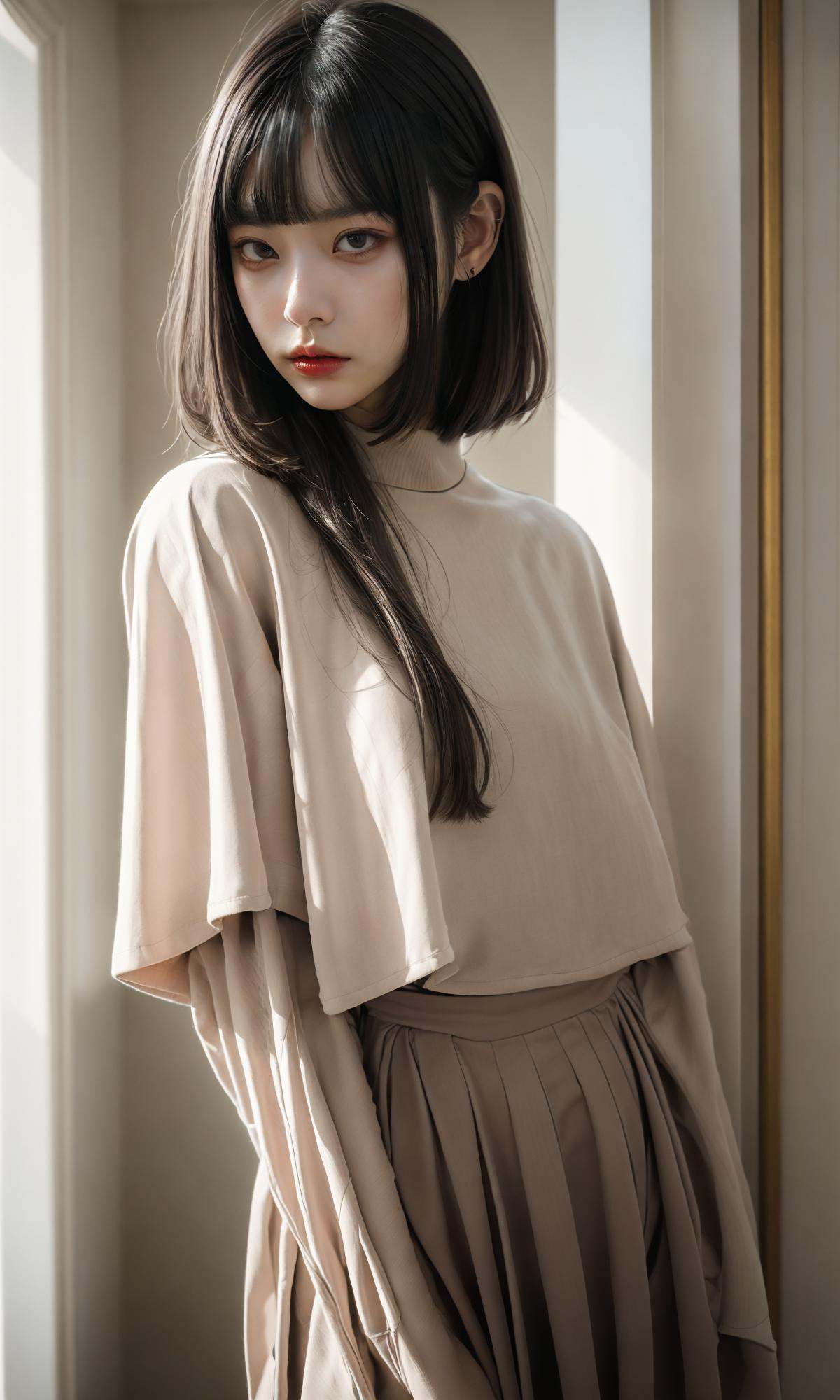 masterpiece, best quality, 32k, insane details, intricate details,1girl, fashion photography, in style of angura kei，hime - cut, straight hair，in a minimalist Misasakan room，high-wistskirt，cllaredshirt，(short hair:1.4)，striped，blunt bangs，sideways glance, (cold attitude,eyeshadow,eyeliner:1.1),(red lips:1.5), (Mole under eye:1.0),hand in pocket，flower，<lora:绪儿-公主切hime cut:0.8>