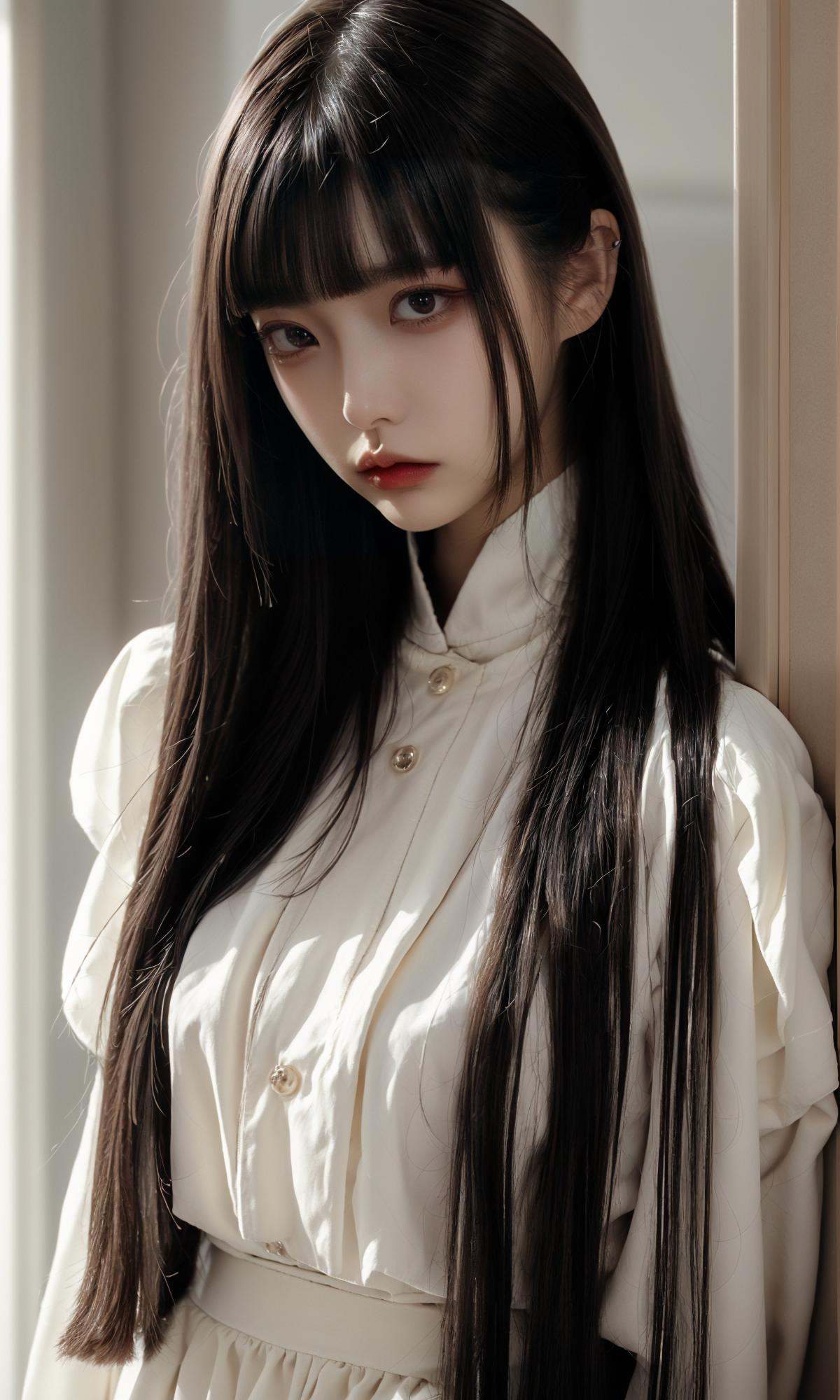 masterpiece, best quality, 32k, insane details, intricate details,1girl, fashion photography, in style of angura kei，hime - cut, straight hair，in a minimalist Misasakan room，high-wistskirt，cllaredshirt，short hair，striped，blunt bangs，A mature face，sideways glance, (cold attitude,eyeshadow,eyeliner:1.1),(red lips:1.5), (Mole under eye:1.0),hand in pocket，flower，<lora:绪儿-公主切hime cut:0.8>