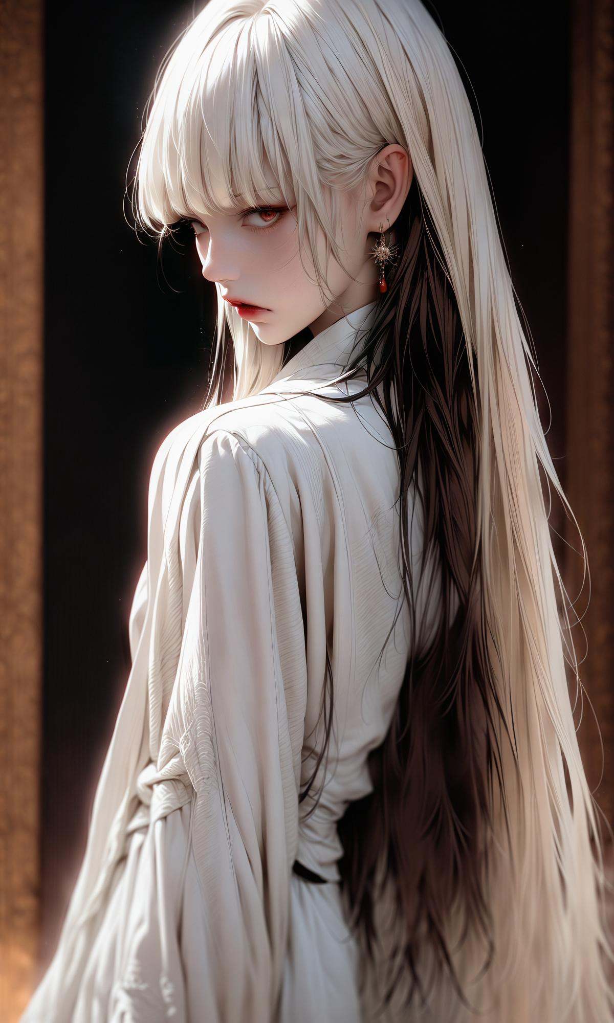 masterpiece, best quality, 32k, insane details, intricate details,1girl, fashion photography, in style of angura kei，hime - cut, straight hair，in a minimalist Misasakan room，high-wistskirt，cllaredshirt，(short hair:1.4)，striped，blunt bangs，sideways glance, (cold attitude,eyeshadow,eyeliner:1.1),(red lips:1.5), (Mole under eye:1.0),hand in pocket，flower，<lora:绪儿-公主切hime cut:0.8>