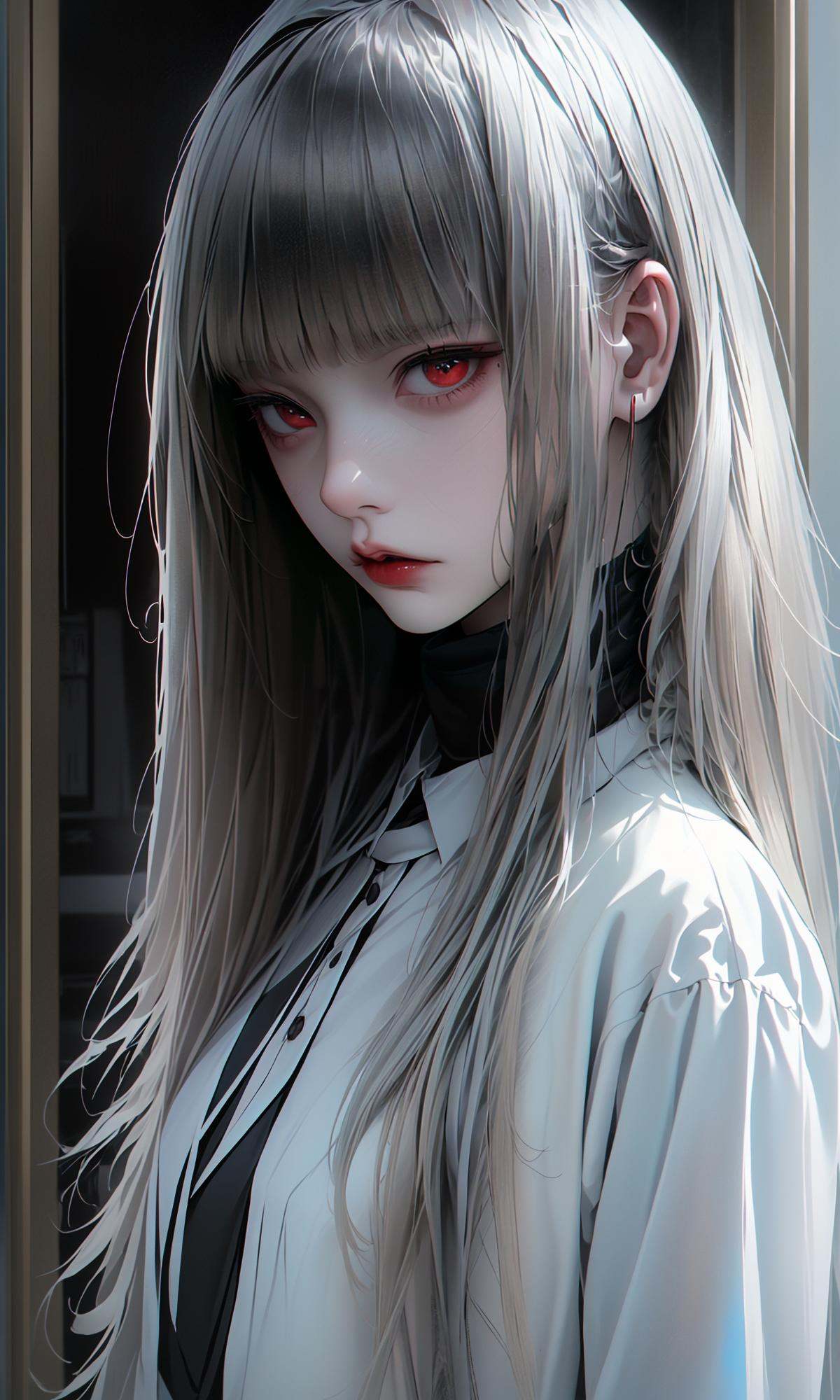 (dramatic, gritty, intense:1.4),masterpiece, best quality, 8k, insane details, intricate details, hyperdetailed, hyper quality, high detail, ultra detailed, Masterpiece,bestquality,highdefinition,huadan,bestquality,masterpiece,highres,1girl, fashion photography, in style of angura kei，hime - cut, straight hair，in a minimalist Misasakan room，Black clothing，A mature face，sideways glance, (cold attitude,eyeshadow,eyeliner:1.1),(red lips:1.5), (Mole under eye:1.3),<lora:绪儿-公主切hime cut:1>