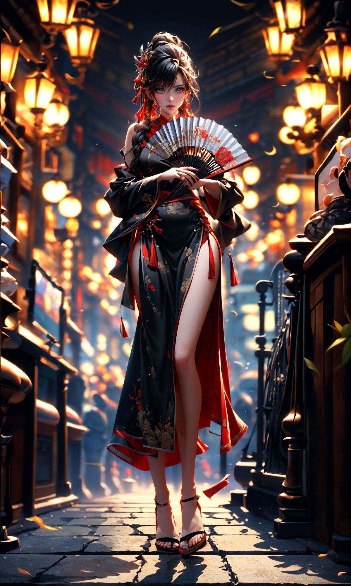 (Masterpiece),(best quality),((masterpiece)),(highres), (original:1.8), (extremely detailed 8K wallpaper), overexposure,1girl, close-up, (fan:1.1),A huge fan， exposed shoulders，(red cheongsam:1.2)，(full body:1.5), <lora:绪儿-扇子fan:1>