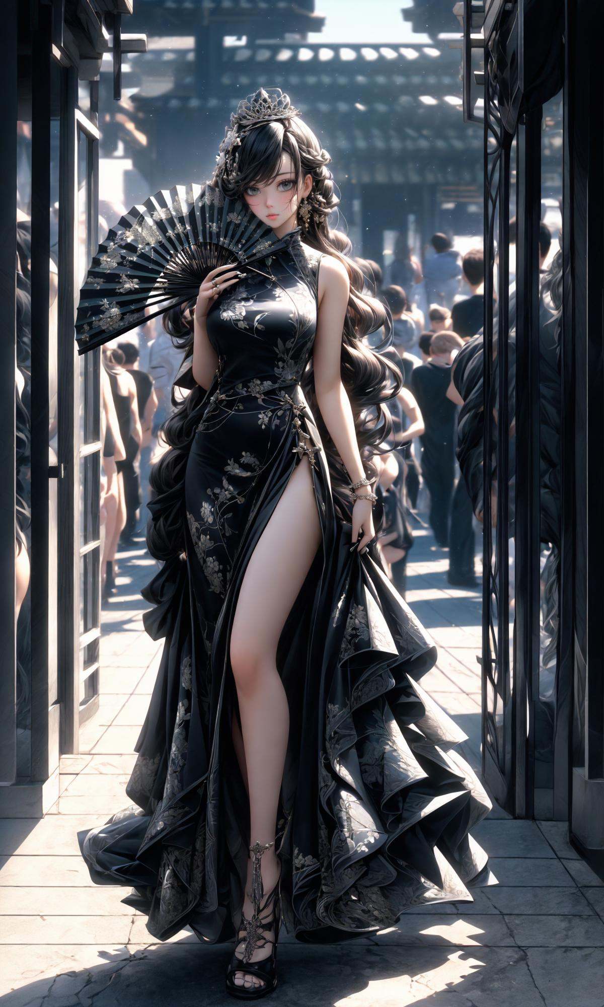 (Masterpiece),(best quality),((masterpiece)),(highres), (original:1.8), (extremely detailed 8K wallpaper), overexposure,1girl, close-up, (fan:1.1),A huge fan， exposed shoulders， cheongsam，(full body:1.5), <lora:绪儿-扇子fan:1>