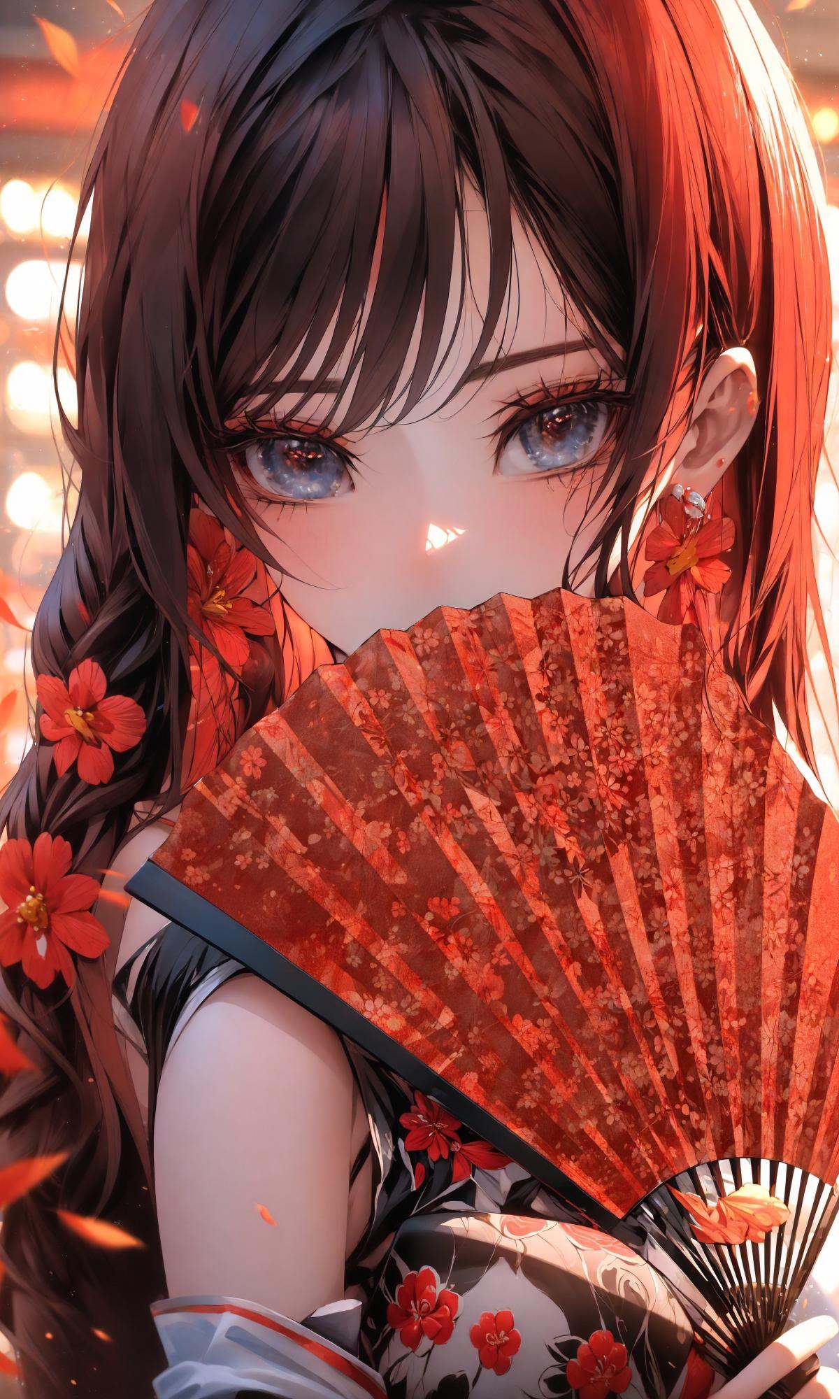 (Masterpiece),(best quality),((masterpiece)),(highres), (original:1.8), (extremely detailed 8K wallpaper), overexposure,1girl, close-up, (fan:1.1),A huge fan， exposed shoulders， cheongsam，<lora:绪儿-扇子fan:1>