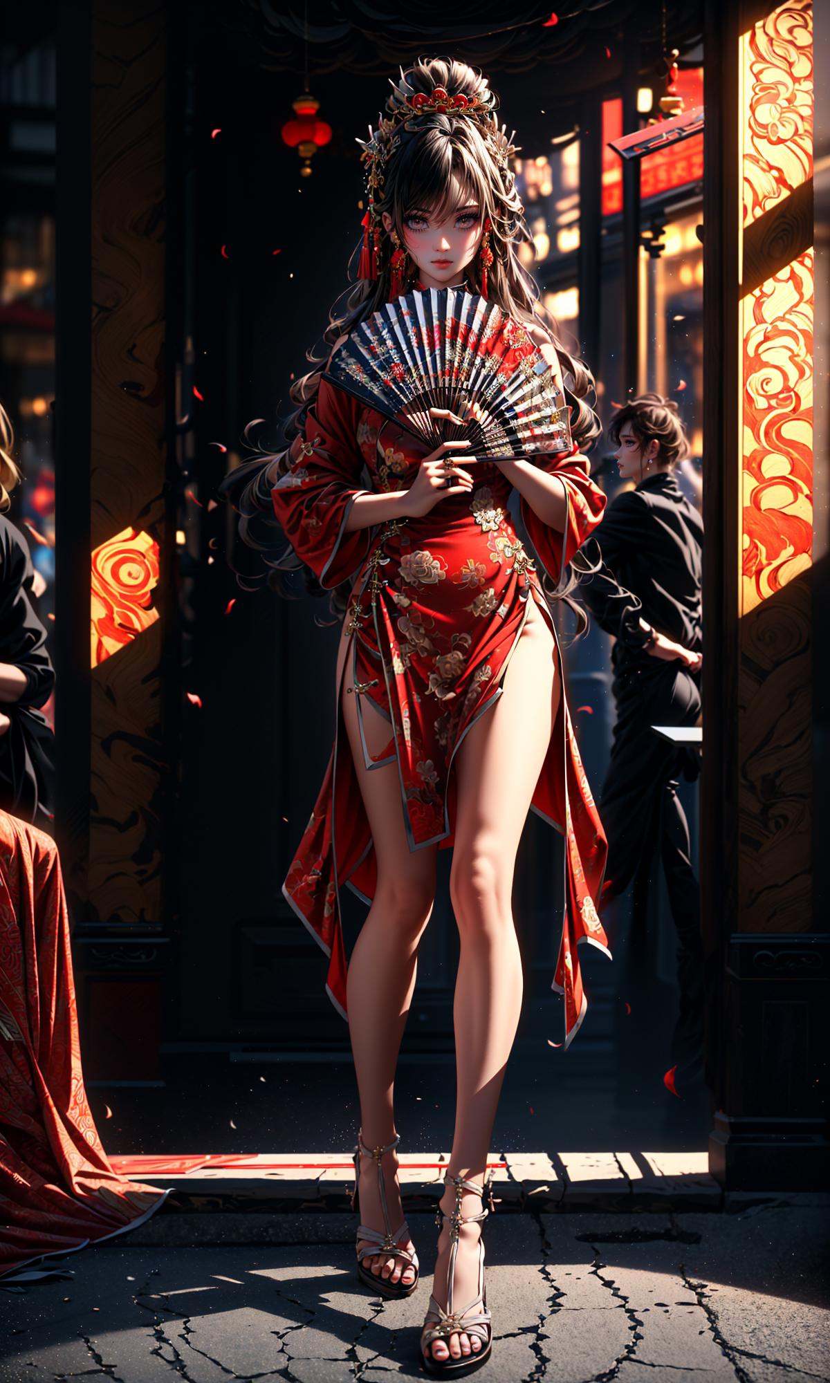 (Masterpiece),(best quality),((masterpiece)),(highres), (original:1.8), (extremely detailed 8K wallpaper), overexposure,1girl, close-up, (fan:1.1),A huge fan， exposed shoulders，(red cheongsam:1.2)，(full body:1.5), <lora:绪儿-扇子fan:1>