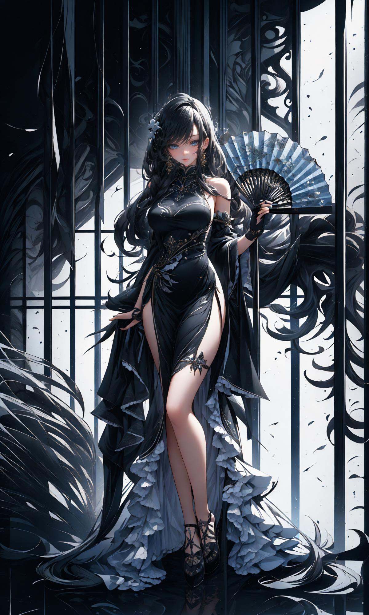 (Masterpiece),(best quality),((masterpiece)),(highres), (original:1.8), (extremely detailed 8K wallpaper), overexposure,1girl, close-up, (fan:1.1),A huge fan， exposed shoulders，blue cheongsam，(full body:1.5), <lora:绪儿-扇子fan:1>