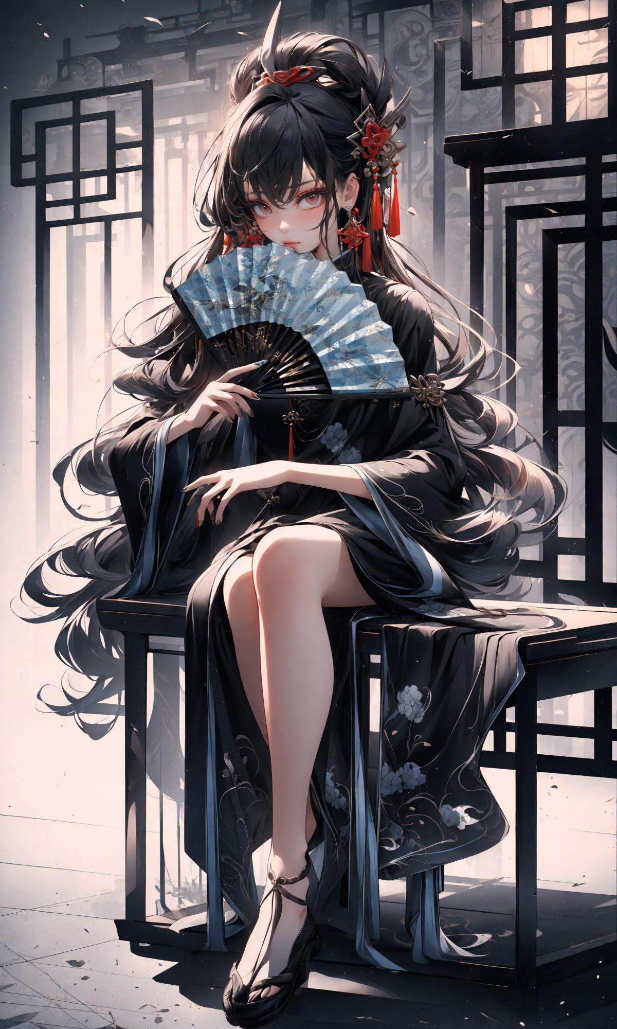 (Masterpiece),(best quality),((masterpiece)),(highres), (original:1.8), (extremely detailed 8K wallpaper), overexposure,1girl, close-up, (fan:1.1),(full body:1.5),Chinese style clothes,Chinese Han clothing,White and blue Taoist robe,earrings,Long hair,crossed bangs, cum_in_mouth,(Upper body),sitting,<lora:绪儿-扇子fan:1>