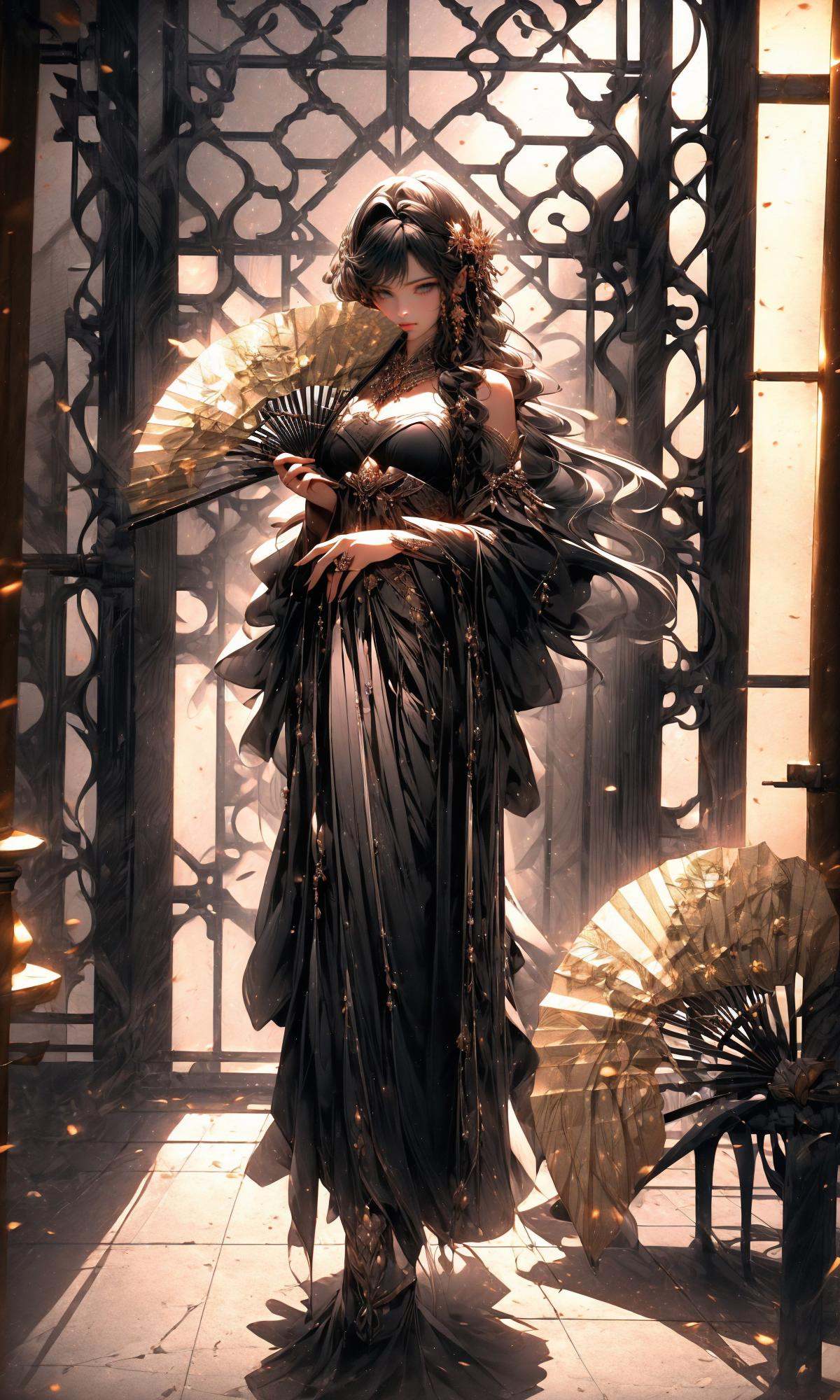(Masterpiece),(best quality),((masterpiece)),(highres), (original:1.8), (extremely detailed 8K wallpaper), overexposure,1girl, close-up, (fan:1.1),A huge fan， exposed shoulders， cheongsam，(full body:1.5), <lora:绪儿-扇子fan:1>
