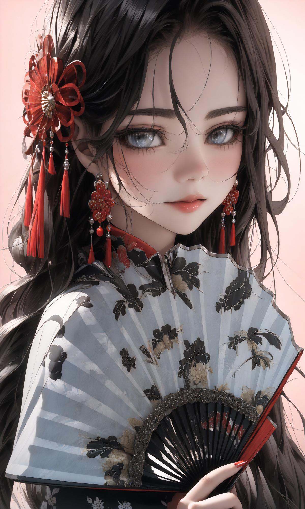 (Masterpiece),(best quality),((masterpiece)),(highres), (original:1.8), (extremely detailed 8K wallpaper), overexposure,1girl, close-up, (fan:1.1),A huge fan， cheongsam，<lora:绪儿-扇子fan:1>
