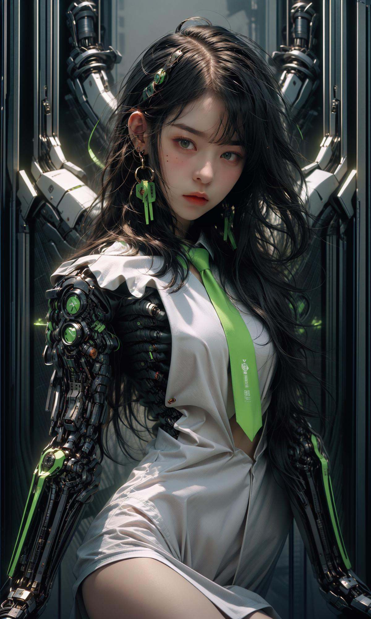 masterpiece, best quality, 8k, insane details, intricate details, hyperdetailed, hyper quality, high detail, ultra detailed, Masterpiece,1girl，solo，multicolored hair，two-tone hair，colored inner hair，mole under eye，suit，closed mouth，Fluorescent green，hair ornament，earrings，jewelry，miniskirt，thighhighs，green necktie，mechanical arms，single mechanical arm，headphones，headphones around neck，green eyes，cyberpunk，weapon，mole，science fiction，<lora:绪儿-荧光机娘Fluorescent green:1>