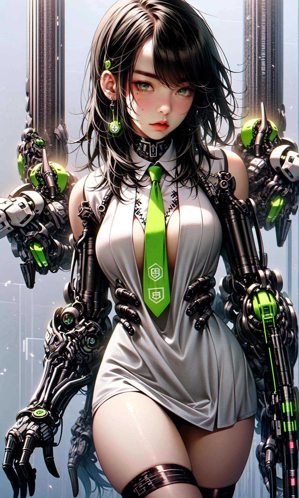 masterpiece, best quality, 8k, insane details, intricate details, hyperdetailed, hyper quality, high detail, ultra detailed, Masterpiece,1girl，solo，multicolored hair，two-tone hair，colored inner hair，mole under eye，suit，closed mouth，Fluorescent green，hair ornament，earrings，jewelry，miniskirt，thighhighs，green necktie，mechanical arms，single mechanical arm，headphones，headphones around neck，green eyes，mask，respirator，cyberpunk，weapon，mole，science fiction，<lora:绪儿-荧光机娘Fluorescent green:1>