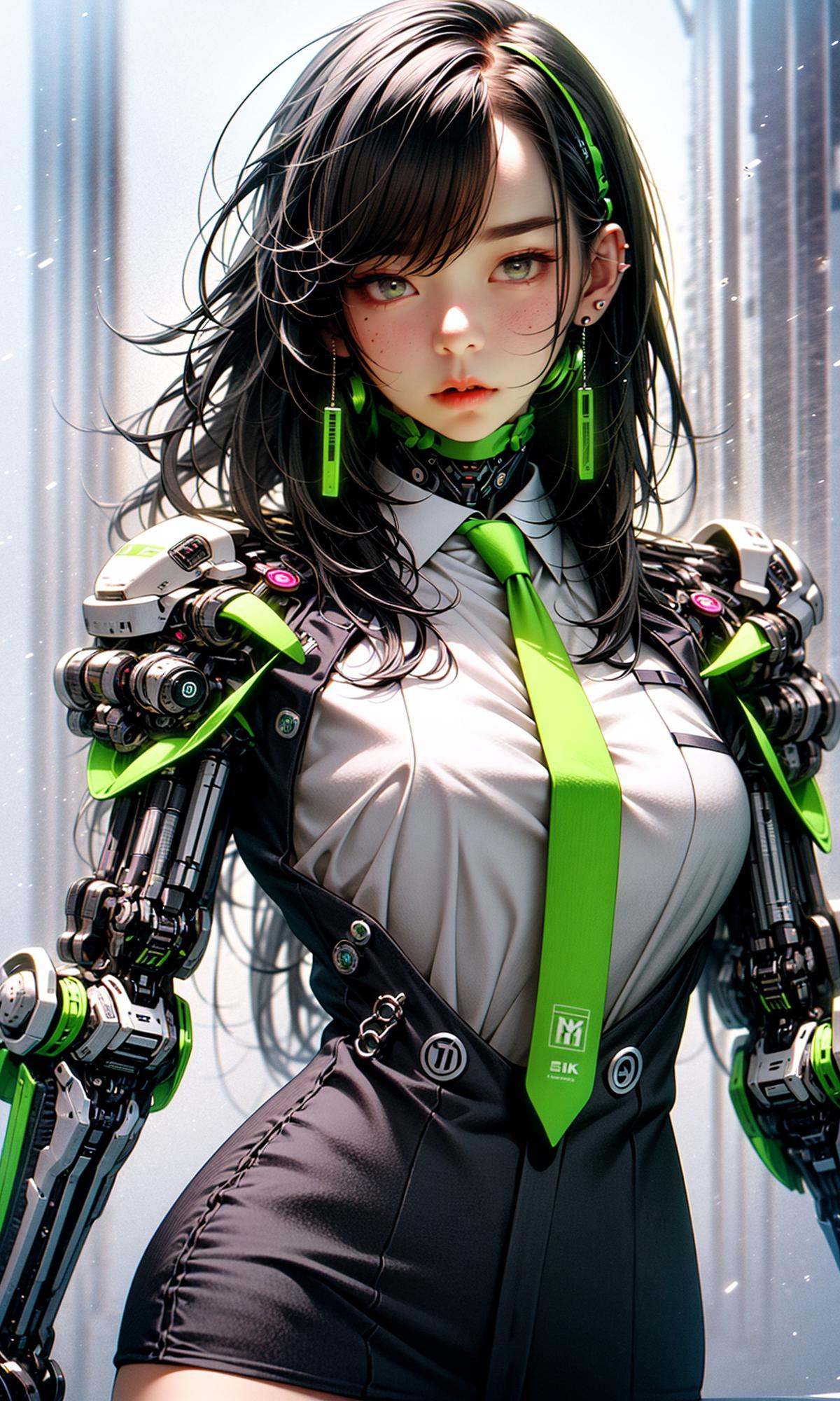 masterpiece, best quality, 8k, insane details, intricate details, hyperdetailed, hyper quality, high detail, ultra detailed, Masterpiece,1girl，solo，multicolored hair，two-tone hair，colored inner hair，mole under eye，suit，closed mouth，Fluorescent green，hair ornament，earrings，jewelry，miniskirt，thighhighs，green necktie，mechanical arms，single mechanical arm，headphones，headphones around neck，green eyes，mask，respirator，cyberpunk，weapon，mole，science fiction，<lora:绪儿-荧光机娘Fluorescent green:1>