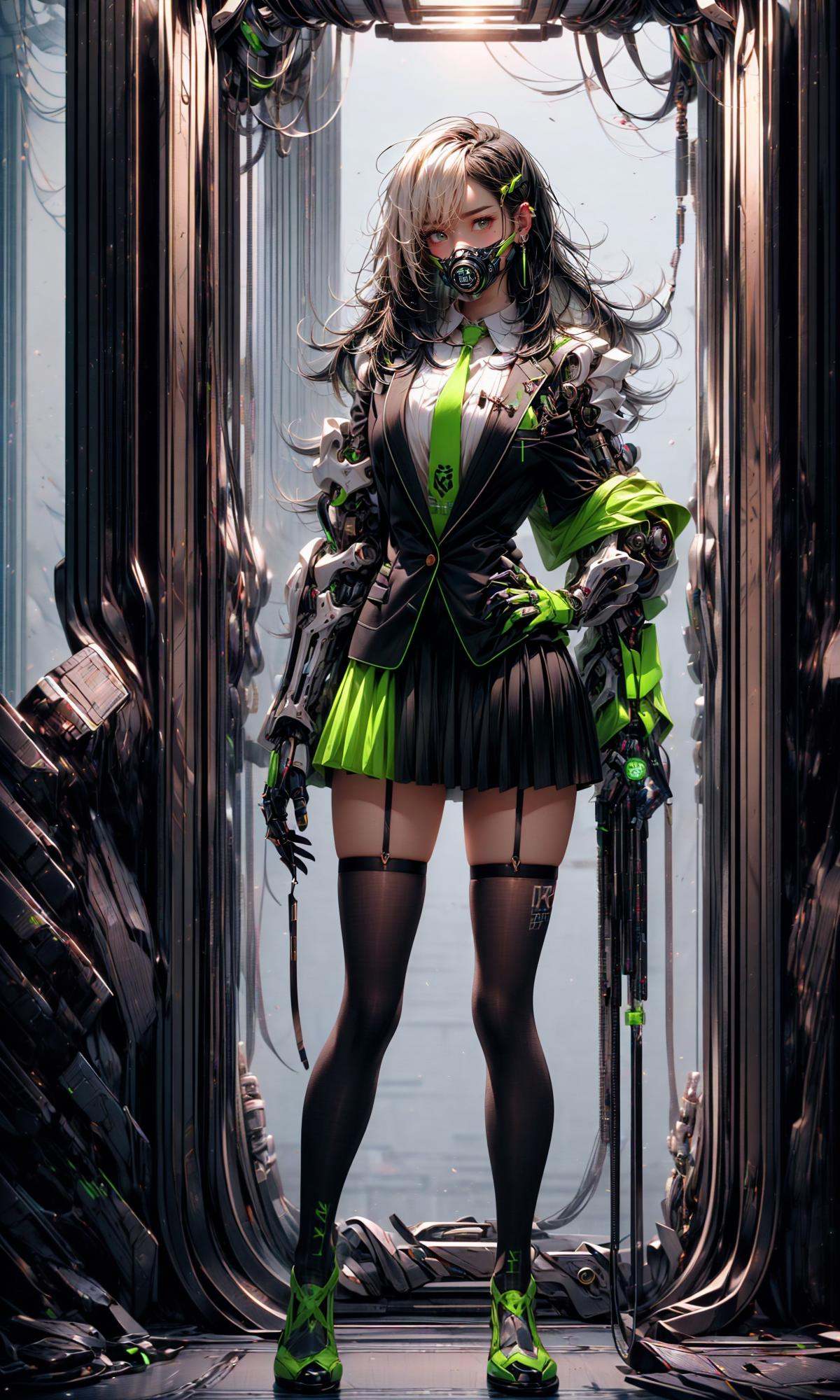 (dramatic, gritty, intense:1.4),masterpiece, best quality, 8k, insane details, intricate details, hyperdetailed, hyper quality, high detail, ultra detailed, Masterpiece,(full body:1.5),(long legs:1.4),1girl，solo，multicolored hair，two-tone hair，colored inner hair，mole under eye，suit，closed mouth，Fluorescent green，hair ornament，earrings，jewelry，miniskirt，thighhighs，green necktie，mechanical arms，single mechanical arm，headphones，headphones around neck，green eyes，mask，respirator，cyberpunk，weapon，mole，science fiction，<lora:绪儿-荧光机娘Fluorescent green:1>