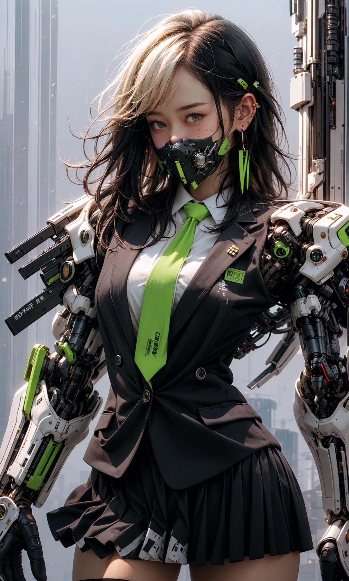masterpiece, best quality, 8k, insane details, intricate details, hyperdetailed, hyper quality, high detail, ultra detailed, Masterpiece,1girl，solo，multicolored hair，two-tone hair，colored inner hair，mole under eye，suit，closed mouth，Fluorescent green，hair ornament，earrings，jewelry，miniskirt，thighhighs，green necktie，mechanical arms，single mechanical arm，headphones，headphones around neck，green eyes，mask，respirator，cyberpunk，weapon，mole，science fiction，<lora:绪儿-荧光机娘Fluorescent green:1>