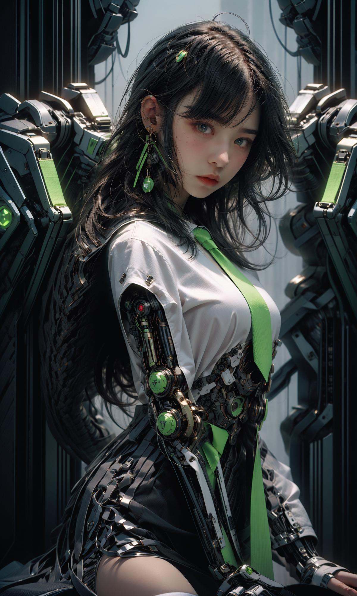 masterpiece, best quality, 8k, insane details, intricate details, hyperdetailed, hyper quality, high detail, ultra detailed, Masterpiece,1girl，solo，multicolored hair，two-tone hair，colored inner hair，mole under eye，suit，closed mouth，Fluorescent green，hair ornament，earrings，jewelry，miniskirt，thighhighs，green necktie，mechanical arms，single mechanical arm，headphones，headphones around neck，green eyes，cyberpunk，weapon，mole，science fiction，<lora:绪儿-荧光机娘Fluorescent green:1>