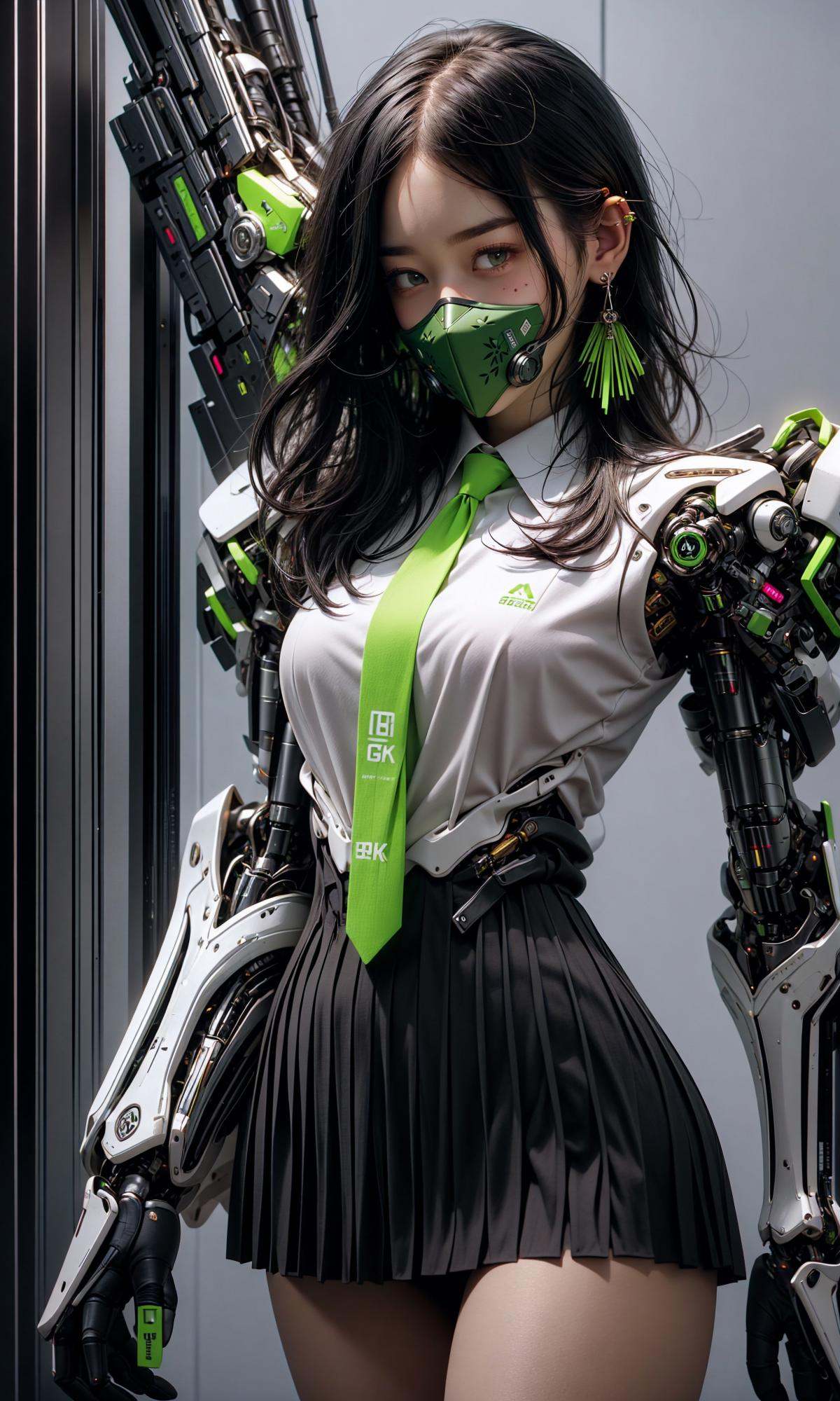 masterpiece, best quality, 8k, insane details, intricate details, hyperdetailed, hyper quality, high detail, ultra detailed, Masterpiece,1girl，solo，multicolored hair，two-tone hair，colored inner hair，mole under eye，suit，closed mouth，Fluorescent green，hair ornament，earrings，jewelry，miniskirt，thighhighs，green necktie，mechanical arms，single mechanical arm，headphones，headphones around neck，green eyes，mask，respirator，cyberpunk，weapon，mole，science fiction，<lora:绪儿-荧光机娘Fluorescent green:1>