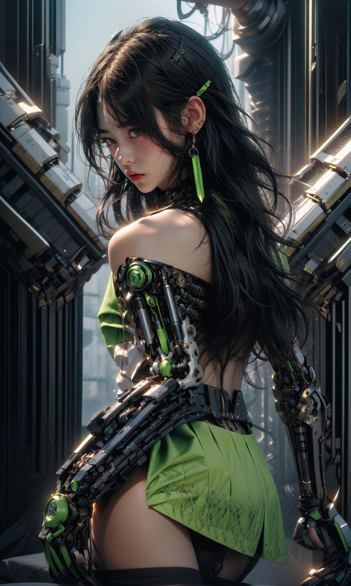 masterpiece, best quality, 8k, insane details, intricate details, hyperdetailed, hyper quality, high detail, ultra detailed, Masterpiece,1girl，solo，multicolored hair，two-tone hair，colored inner hair，mole under eye，suit，closed mouth，Fluorescent green，hair ornament，earrings，jewelry，miniskirt，thighhighs，green necktie，mechanical arms，single mechanical arm，headphones，headphones around neck，green eyes，cyberpunk，weapon，mole，science fiction，<lora:绪儿-荧光机娘Fluorescent green:1>