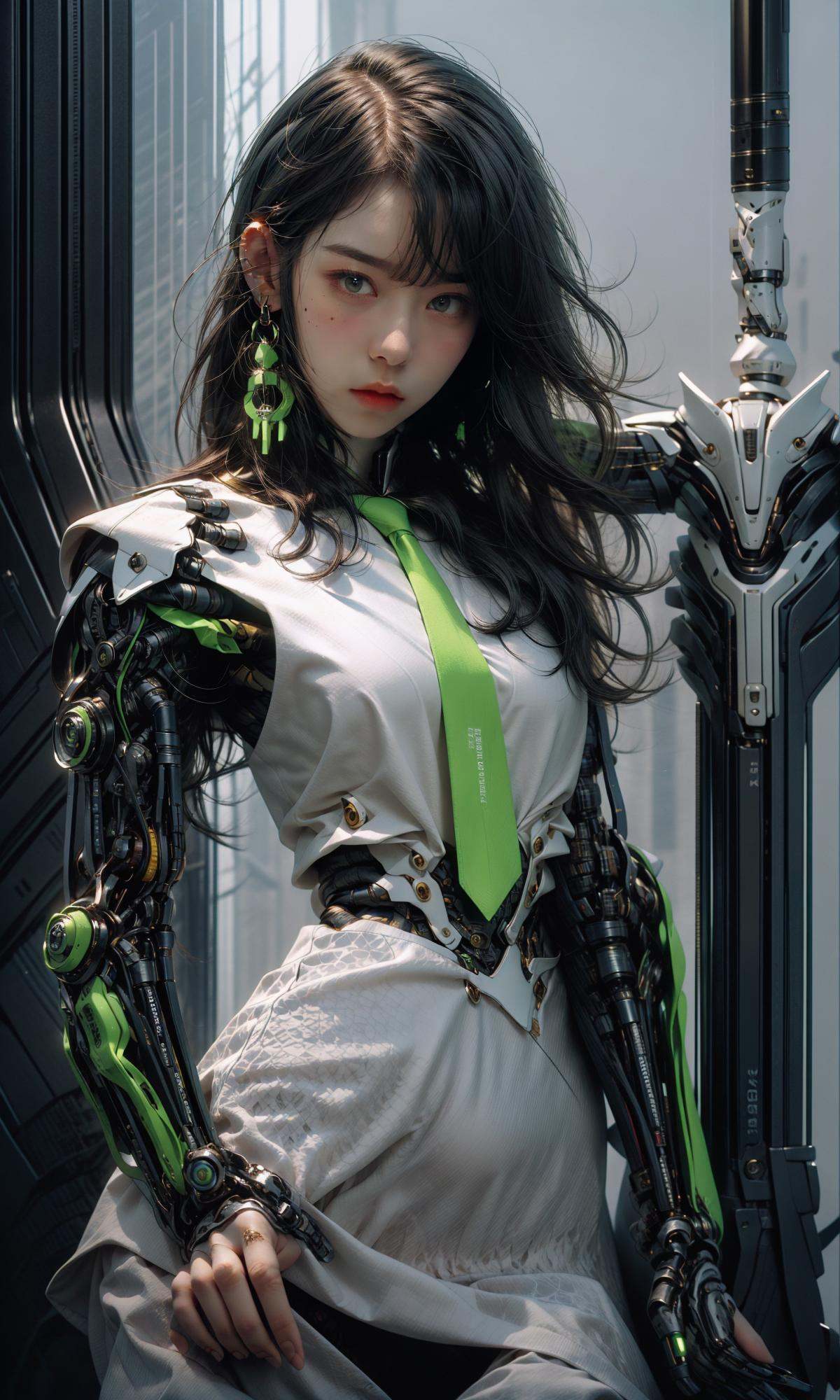 masterpiece, best quality, 8k, insane details, intricate details, hyperdetailed, hyper quality, high detail, ultra detailed, Masterpiece,1girl，solo，multicolored hair，two-tone hair，colored inner hair，mole under eye，suit，closed mouth，Fluorescent green，hair ornament，earrings，jewelry，miniskirt，thighhighs，green necktie，mechanical arms，single mechanical arm，headphones，headphones around neck，green eyes，cyberpunk，weapon，mole，science fiction，<lora:绪儿-荧光机娘Fluorescent green:1>