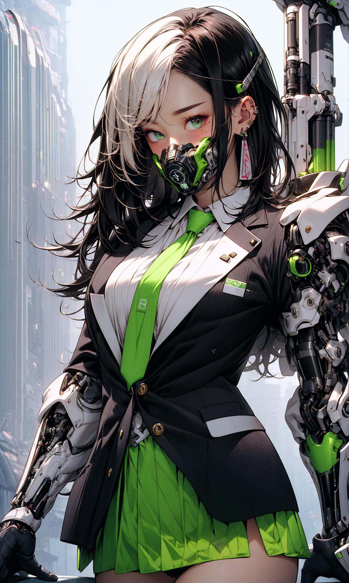 masterpiece, best quality, 8k, insane details, intricate details, hyperdetailed, hyper quality, high detail, ultra detailed, Masterpiece,1girl，solo，multicolored hair，two-tone hair，colored inner hair，mole under eye，suit，closed mouth，Fluorescent green，hair ornament，earrings，jewelry，miniskirt，thighhighs，green necktie，mechanical arms，single mechanical arm，headphones，headphones around neck，green eyes，mask，respirator，cyberpunk，weapon，mole，science fiction，<lora:绪儿-荧光机娘Fluorescent green:1>