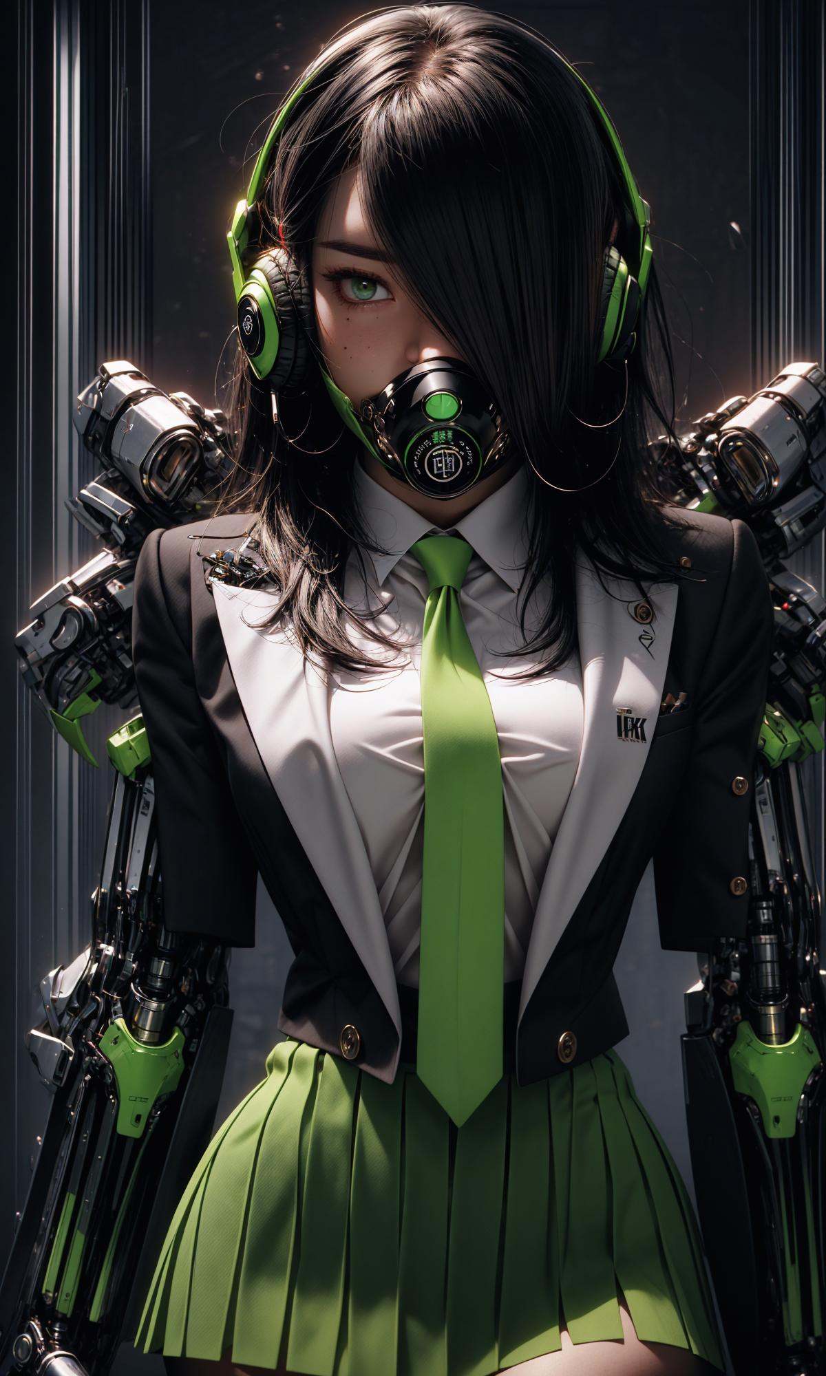 masterpiece, best quality, 8k, insane details, intricate details, hyperdetailed, hyper quality, high detail, ultra detailed, Masterpiece,1girl，solo，multicolored hair，two-tone hair，colored inner hair，mole under eye，suit，closed mouth，Fluorescent green，hair ornament，earrings，jewelry，miniskirt，thighhighs，green necktie，mechanical arms，single mechanical arm，headphones，headphones around neck，green eyes，mask，respirator，cyberpunk，weapon，mole，science fiction，<lora:绪儿-荧光机娘Fluorescent green:1>