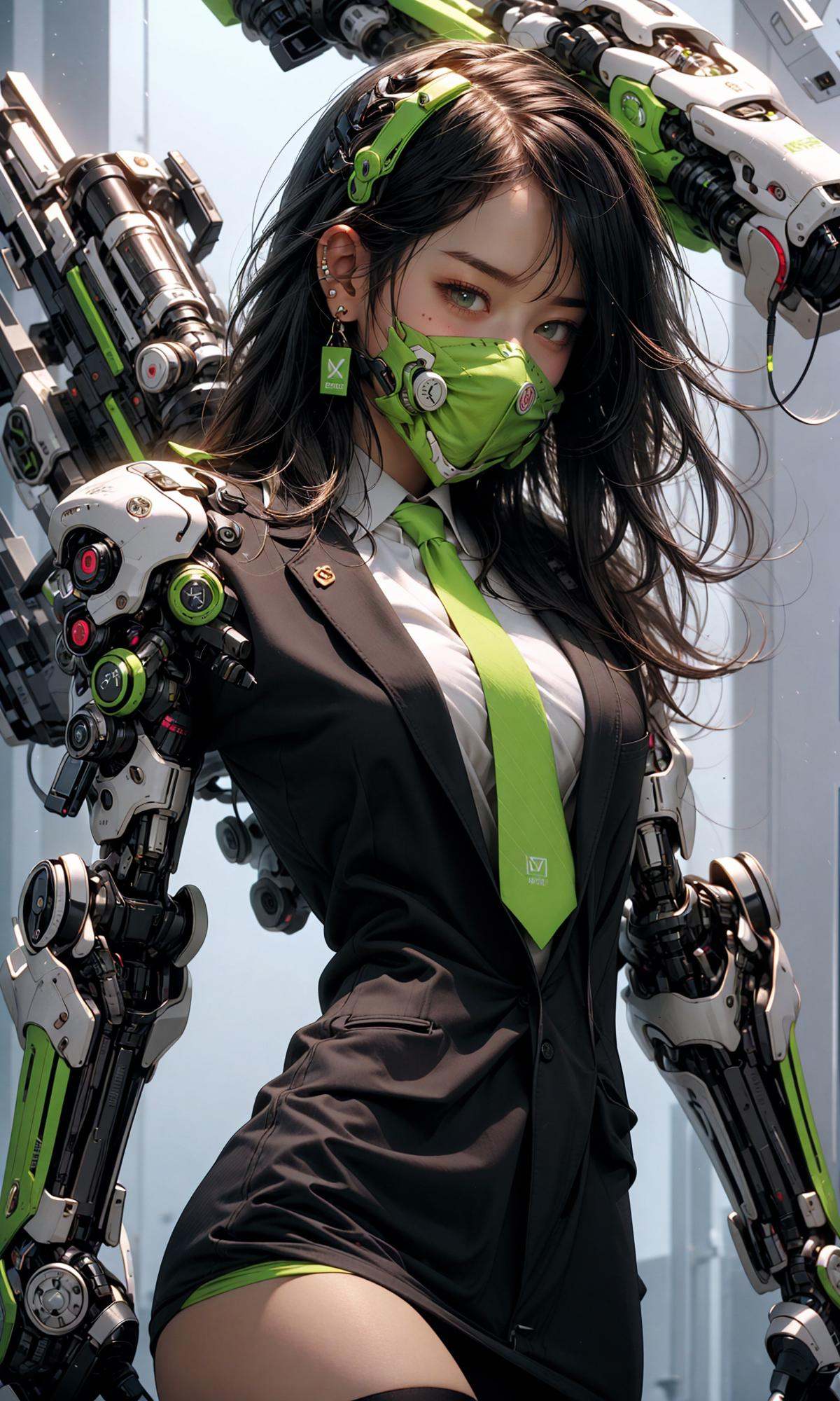 masterpiece, best quality, 8k, insane details, intricate details, hyperdetailed, hyper quality, high detail, ultra detailed, Masterpiece,1girl，solo，multicolored hair，two-tone hair，colored inner hair，mole under eye，suit，closed mouth，Fluorescent green，hair ornament，earrings，jewelry，miniskirt，thighhighs，green necktie，mechanical arms，single mechanical arm，headphones，headphones around neck，green eyes，mask，respirator，cyberpunk，weapon，mole，science fiction，<lora:绪儿-荧光机娘Fluorescent green:1>