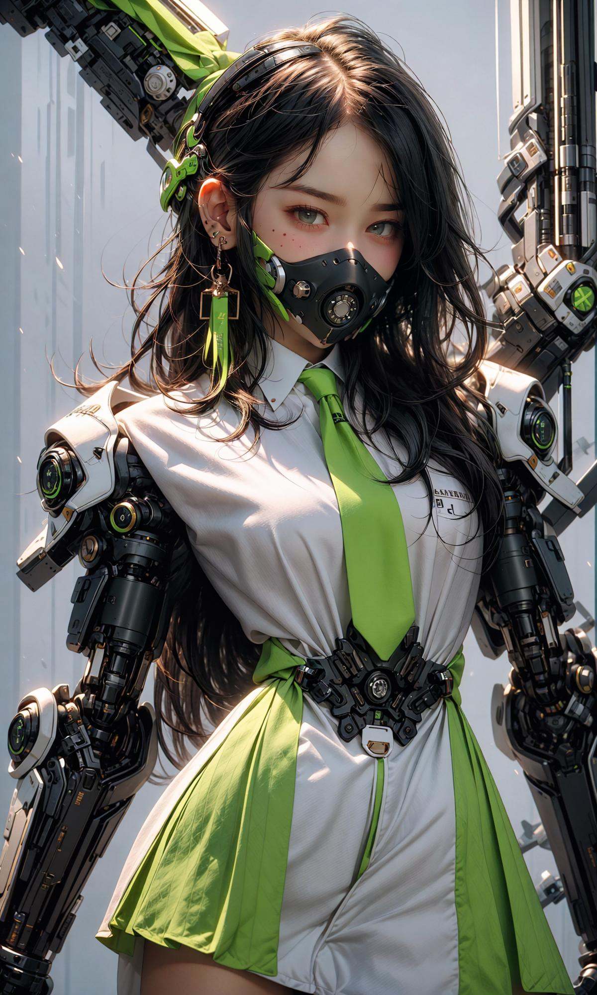 masterpiece, best quality, 8k, insane details, intricate details, hyperdetailed, hyper quality, high detail, ultra detailed, Masterpiece,1girl，solo，multicolored hair，two-tone hair，colored inner hair，mole under eye，suit，closed mouth，Fluorescent green，hair ornament，earrings，jewelry，miniskirt，thighhighs，green necktie，mechanical arms，single mechanical arm，headphones，headphones around neck，green eyes，mask，respirator，cyberpunk，weapon，mole，science fiction，<lora:绪儿-荧光机娘Fluorescent green:1>