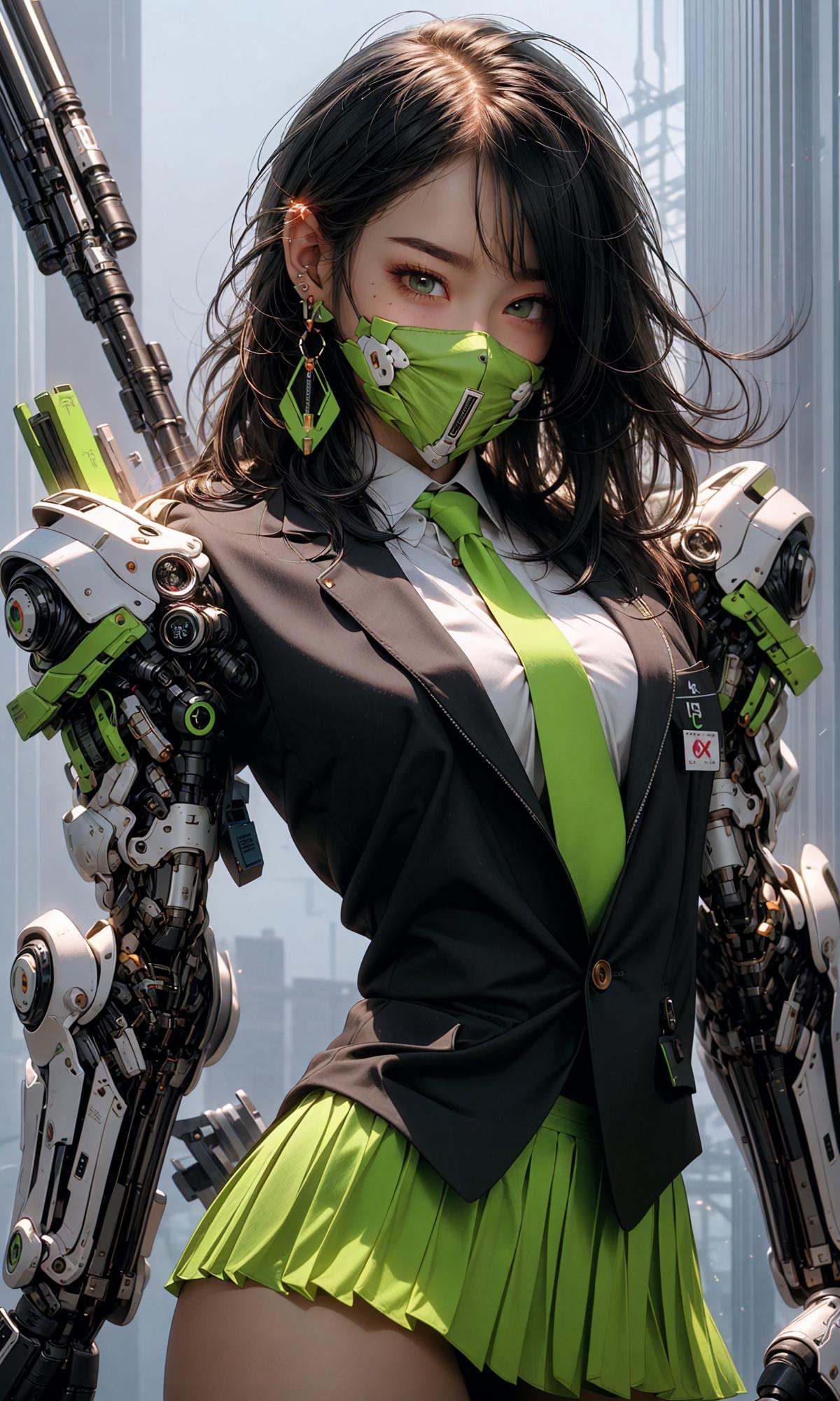 masterpiece, best quality, 8k, insane details, intricate details, hyperdetailed, hyper quality, high detail, ultra detailed, Masterpiece,1girl，solo，multicolored hair，two-tone hair，colored inner hair，mole under eye，suit，closed mouth，Fluorescent green，hair ornament，earrings，jewelry，miniskirt，thighhighs，green necktie，mechanical arms，single mechanical arm，headphones，headphones around neck，green eyes，mask，respirator，cyberpunk，weapon，mole，science fiction，<lora:绪儿-荧光机娘Fluorescent green:1>
