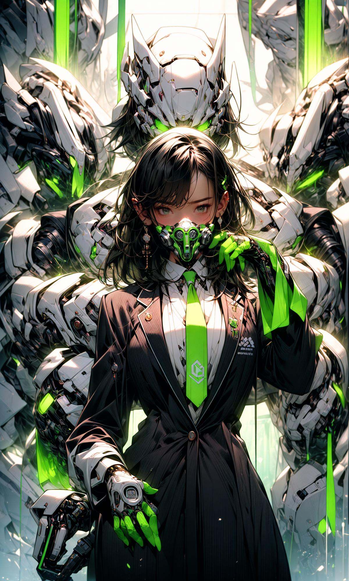 masterpiece, best quality, 8k, insane details, intricate details, hyperdetailed, hyper quality, high detail, ultra detailed, Masterpiece,1girl，solo，multicolored hair，two-tone hair，colored inner hair，mole under eye，suit，closed mouth，Fluorescent green，hair ornament，earrings，jewelry，miniskirt，thighhighs，green necktie，mechanical arms，single mechanical arm，headphones，headphones around neck，green eyes，mask，respirator，cyberpunk，weapon，mole，science fiction，<lora:绪儿-荧光机娘Fluorescent green:1>