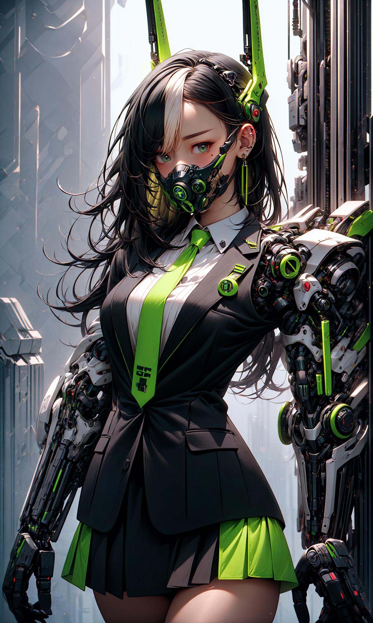 masterpiece, best quality, 8k, insane details, intricate details, hyperdetailed, hyper quality, high detail, ultra detailed, Masterpiece,1girl，solo，multicolored hair，two-tone hair，colored inner hair，mole under eye，suit，closed mouth，Fluorescent green，hair ornament，earrings，jewelry，miniskirt，thighhighs，green necktie，mechanical arms，single mechanical arm，headphones，headphones around neck，green eyes，mask，respirator，cyberpunk，weapon，mole，science fiction，<lora:绪儿-荧光机娘Fluorescent green:1>