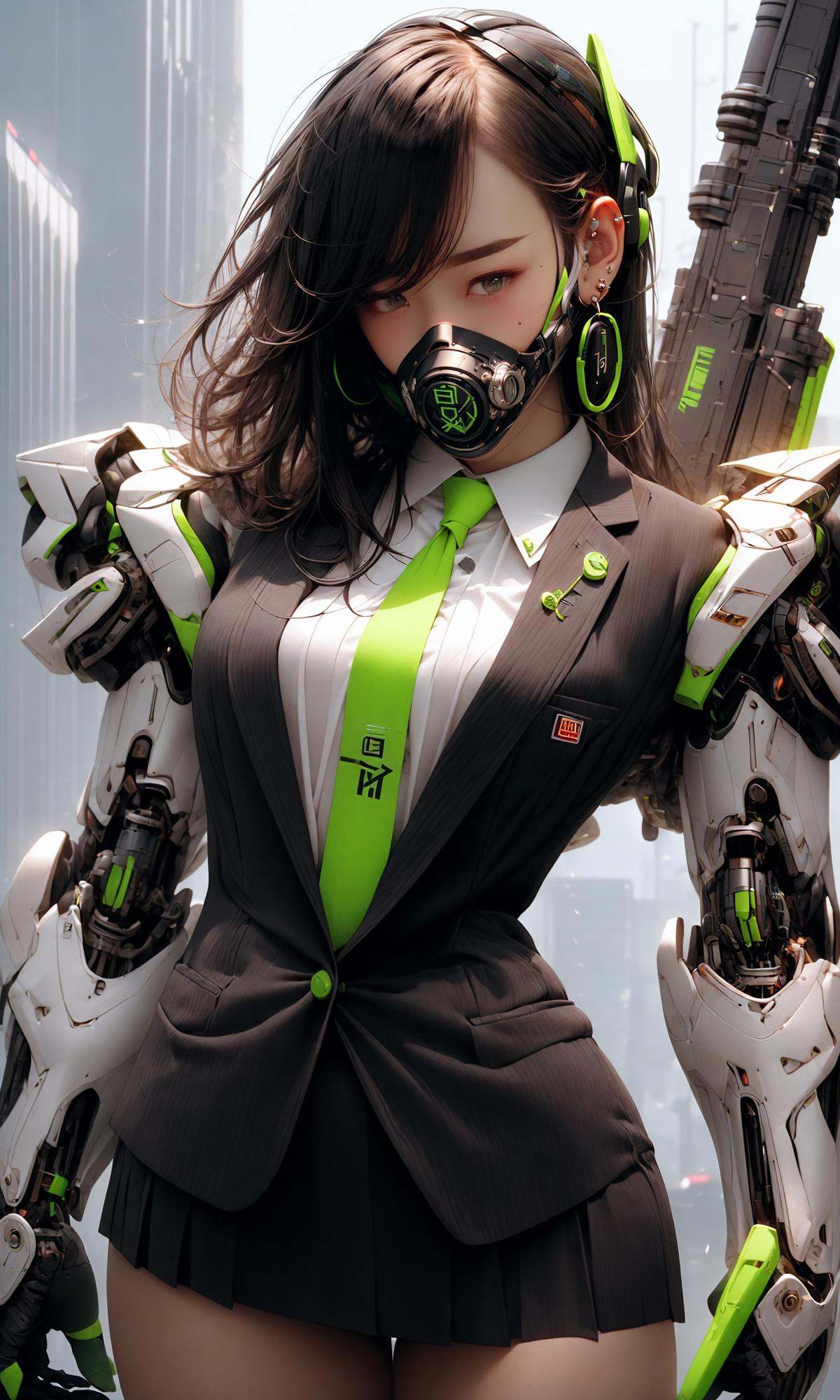 masterpiece, best quality, 8k, insane details, intricate details, hyperdetailed, hyper quality, high detail, ultra detailed, Masterpiece,1girl，solo，multicolored hair，two-tone hair，colored inner hair，mole under eye，suit，closed mouth，Fluorescent green，hair ornament，earrings，jewelry，miniskirt，thighhighs，green necktie，mechanical arms，single mechanical arm，headphones，headphones around neck，green eyes，mask，respirator，cyberpunk，weapon，mole，science fiction，<lora:绪儿-荧光机娘Fluorescent green:1>