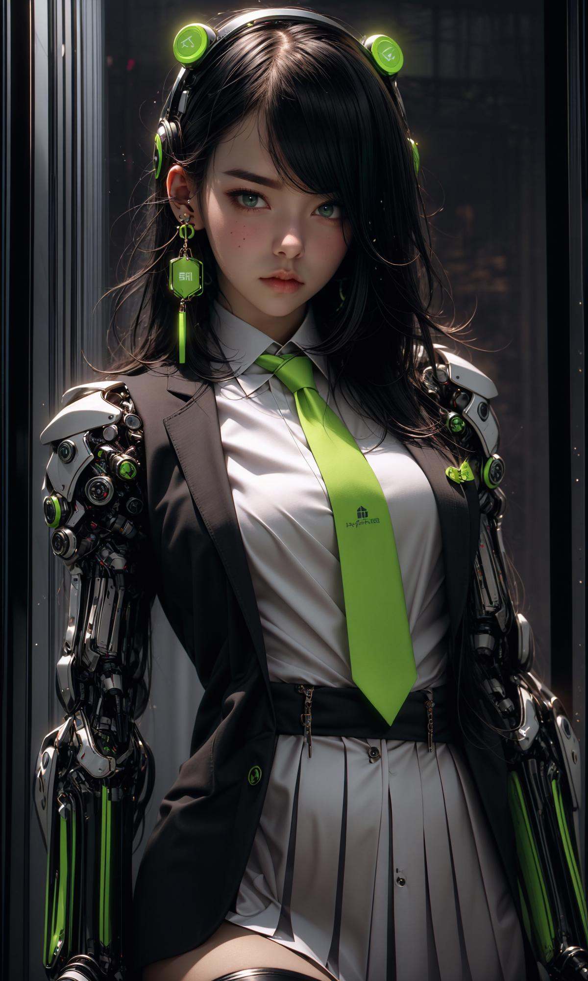 masterpiece, best quality, 8k, insane details, intricate details, hyperdetailed, hyper quality, high detail, ultra detailed, Masterpiece,1girl，solo，multicolored hair，two-tone hair，colored inner hair，mole under eye，suit，closed mouth，Fluorescent green，hair ornament，earrings，jewelry，miniskirt，thighhighs，green necktie，mechanical arms，single mechanical arm，headphones，headphones around neck，green eyes，cyberpunk，weapon，mole，science fiction，<lora:绪儿-荧光机娘Fluorescent green:1>
