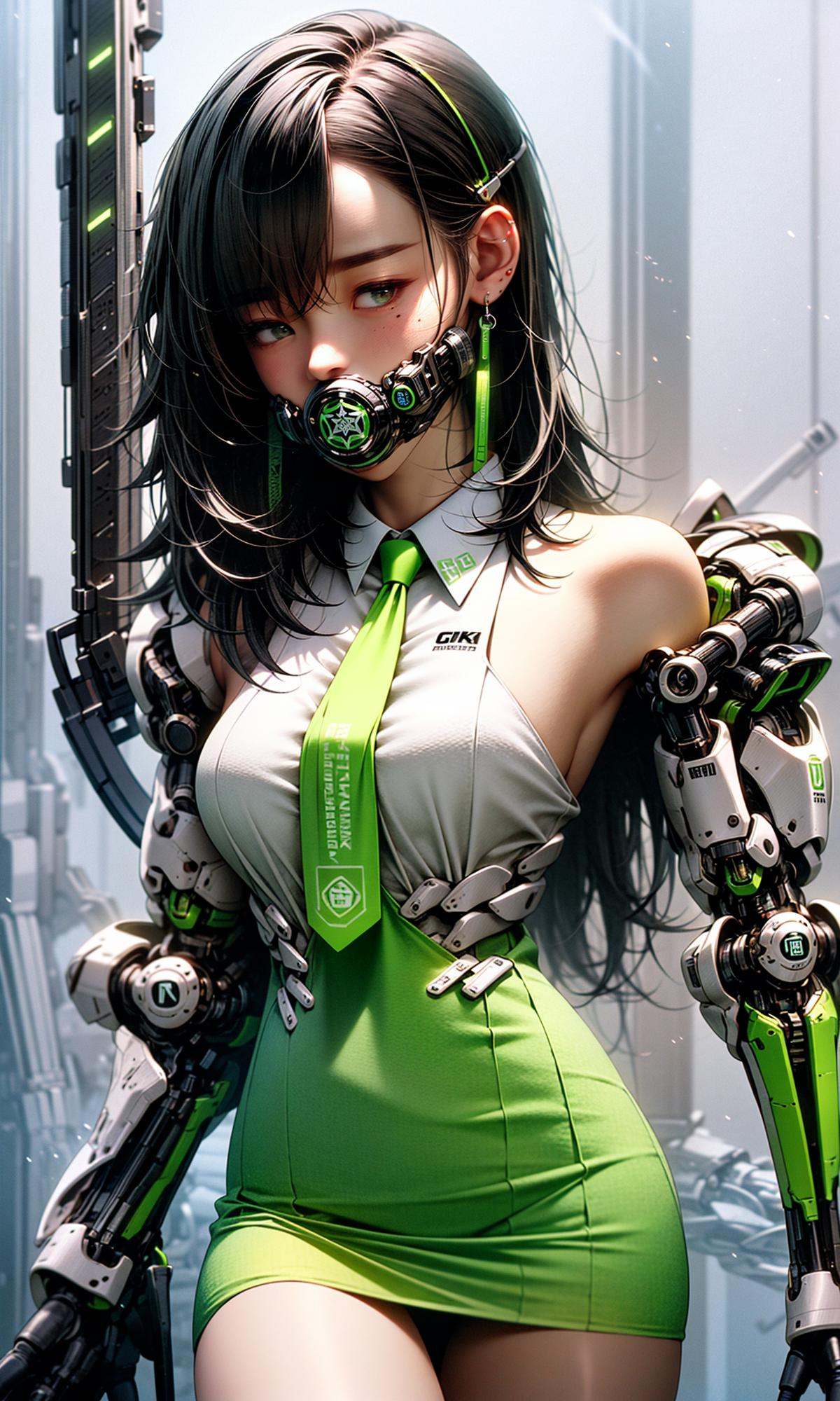 masterpiece, best quality, 8k, insane details, intricate details, hyperdetailed, hyper quality, high detail, ultra detailed, Masterpiece,1girl，solo，multicolored hair，two-tone hair，colored inner hair，mole under eye，suit，closed mouth，Fluorescent green，hair ornament，earrings，jewelry，miniskirt，thighhighs，green necktie，mechanical arms，single mechanical arm，headphones，headphones around neck，green eyes，mask，respirator，cyberpunk，weapon，mole，science fiction，<lora:绪儿-荧光机娘Fluorescent green:1>