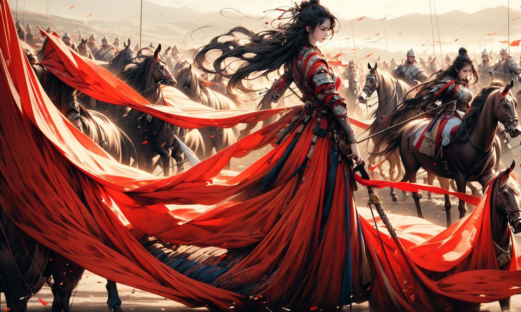 (dramatic, gritty, intense:1.4),masterpiece, best quality, 8k, insane details, intricate details, hyperdetailed, hyper quality, high detail, ultra detailed, Masterpiece, (depth of field:1.7)，slow-motion action sequences,Smoke,bestquality,highdefinition,huadan,bestquality,masterpiece,highres, pixiv, emma,Chinese style costume, woman wielding a long sword, valiant Hua Mulan, ancient costume, battlefield in ancient China, surreal details, charging forward,This full body shot for Vogue, captured by Andreas Gursky, melds tradition and modernity，(light anger:1.4)，( absurdly long hair:1.5),((The girl looked disgusted)), (The girl was draped in a black cloak), ((((Flames burned behind the maiden)))), (There is battlefield behind the girl), (((Bloody))),(long legs:1.3),(chinese armor:1.7),(chinese breastplate,chinese armor,:1.5),(very long skirt:1.8),(very long red cape:1.5),(sword in hand:1.5)，drawing a Long, super long katana,holding one Long, super long katana,A shot with tension，(sky glows red,Visual impact,giving the poster a dynamic and visually striking appearance:1.2),Chinese Zen style,impactful picture, <lora:绪儿-焚心以火:1>