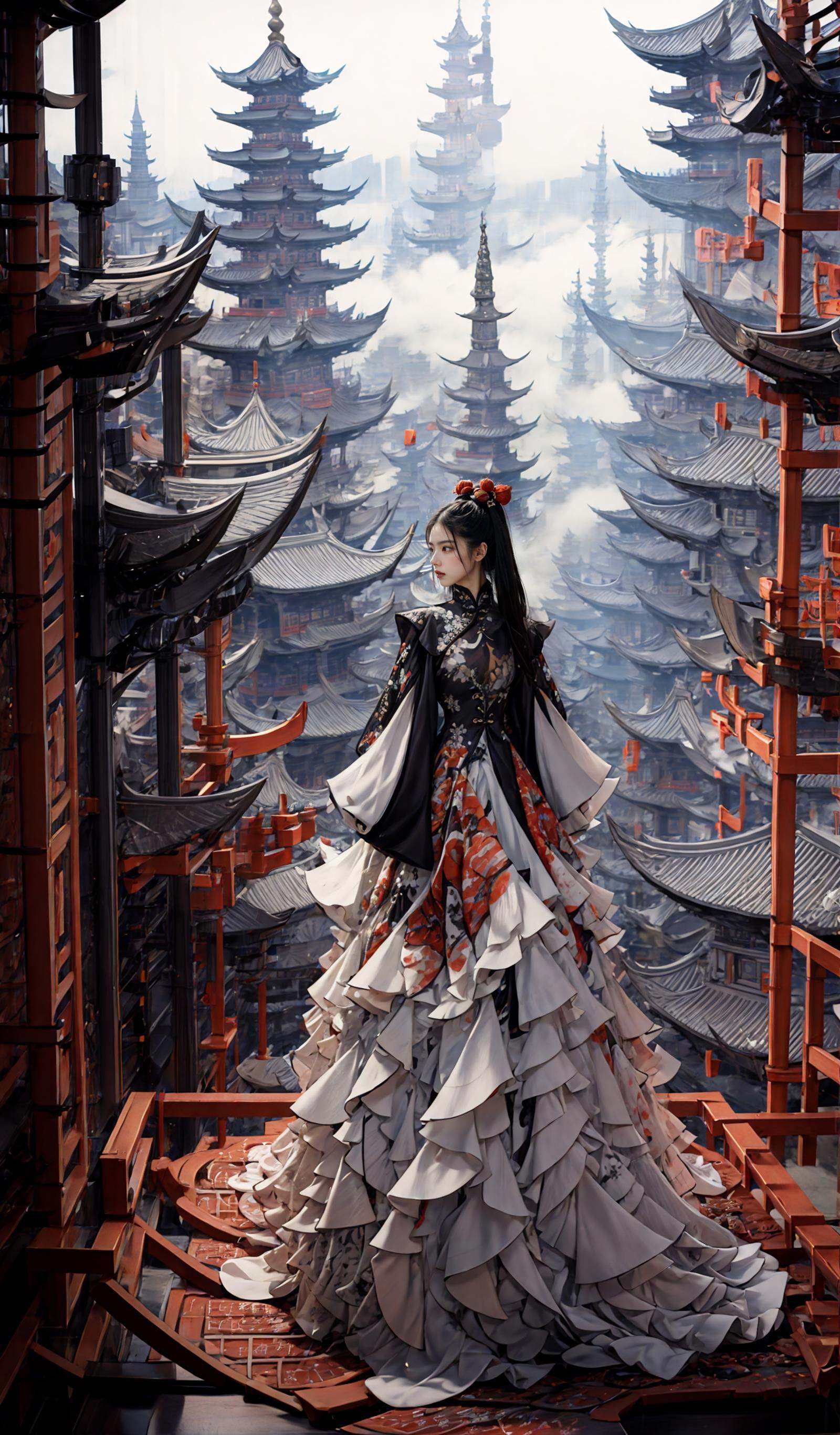 (dramatic, gritty, intense:1.4),masterpiece, best quality, 32k, insane details, intricate details, hyperdetailed, hyper quality, high detail, ultra detailed, Masterpiece, elaborate Hanfu，(Hanfu:1.4)，(Chinese architecture:1.5)，1 girls, smoke，fog，A high fashion model, in an elaborate Hanfu designed by Alexander McQueen, stands amidst a bustling metropolis' futuristic architecture. This full body shot for Vogue, captured by Andreas Gursky, melds tradition and modernity，<lora:绪儿-﷿定汉服:0.6>