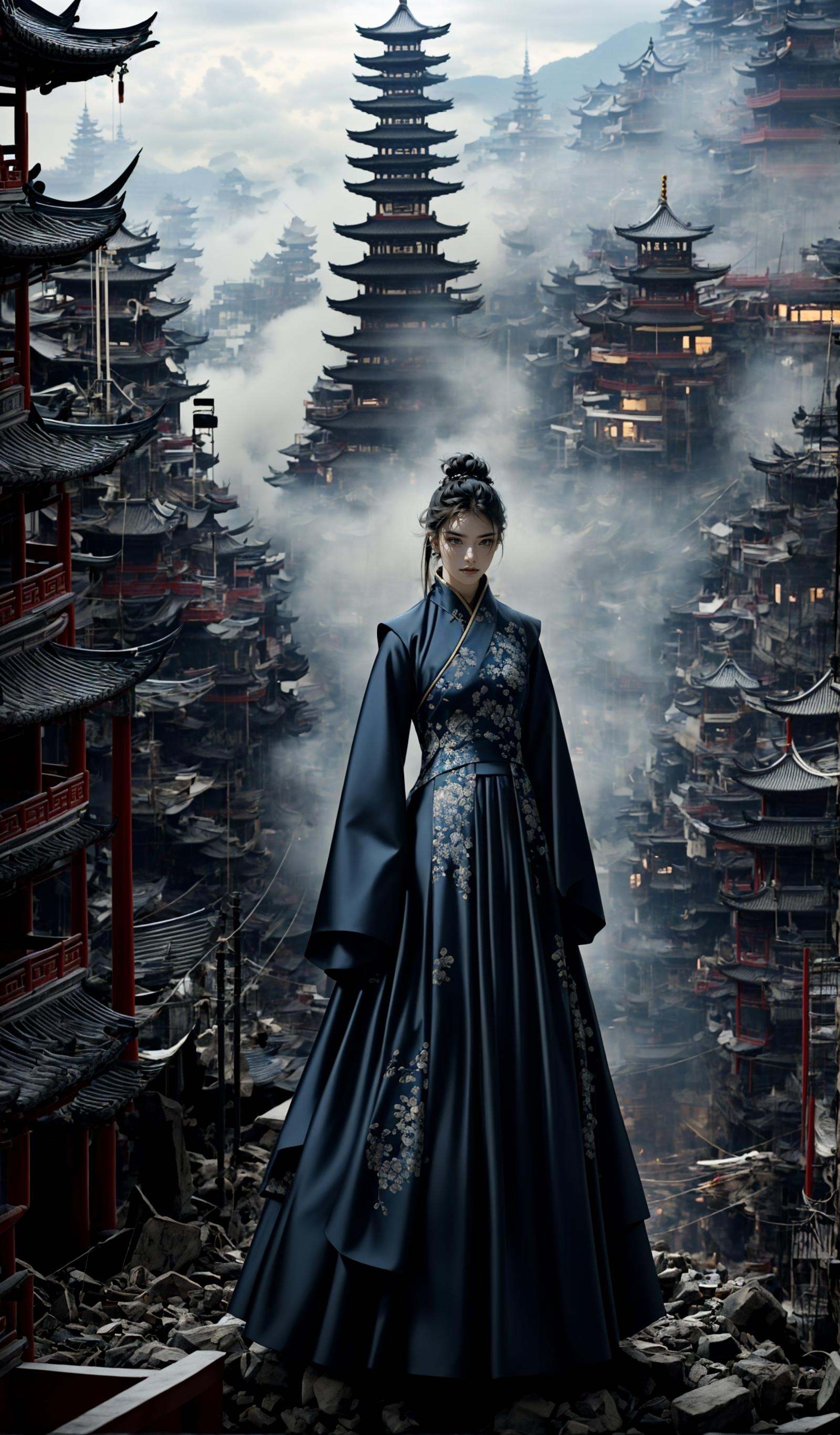 (dramatic, gritty, intense:1.4),masterpiece, best quality, 32k, insane details, intricate details, hyperdetailed, hyper quality, high detail, ultra detailed, Masterpiece, elaborate Hanfu，(Hanfu:1.4)，(Chinese architecture:1.5)，1 girls, smoke，fog，A high fashion model, in an elaborate Hanfu designed by Alexander McQueen, stands amidst a bustling metropolis' futuristic architecture. This full body shot for Vogue, captured by Andreas Gursky, melds tradition and modernity，<lora:绪儿-﷿定汉服:0.6>