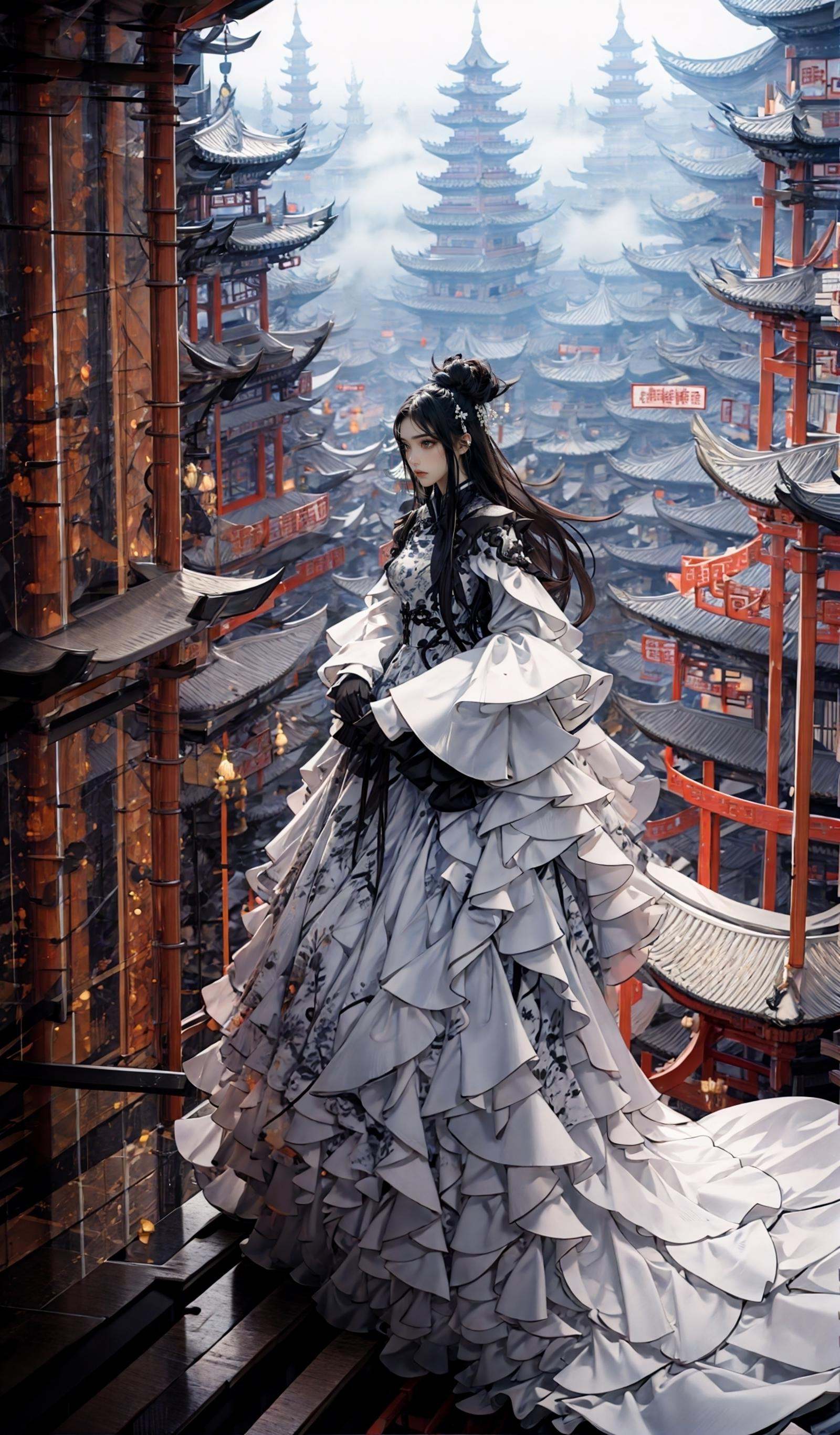 (dramatic, gritty, intense:1.4),masterpiece, best quality, 32k, insane details, intricate details, hyperdetailed, hyper quality, high detail, ultra detailed, Masterpiece, elaborate Hanfu，(Hanfu:1.4)，(Chinese architecture:1.5)，1 girls, smoke，fog，A high fashion model, in an elaborate Hanfu designed by Alexander McQueen, stands amidst a bustling metropolis' futuristic architecture. This full body shot for Vogue, captured by Andreas Gursky, melds tradition and modernity，<lora:绪儿-﷿定汉服:0.6>