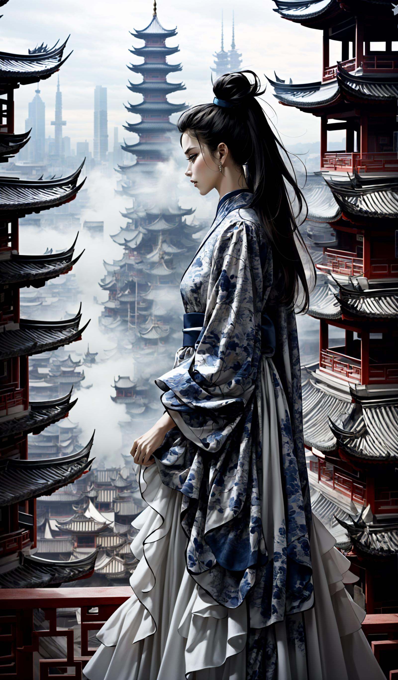 (dramatic, gritty, intense:1.4),masterpiece, best quality, 32k, insane details, intricate details, hyperdetailed, hyper quality, high detail, ultra detailed, Masterpiece, elaborate Hanfu，(blue Hanfu:1.4)，(Chinese architecture:1.5)，blue， (profile:1.4), upper body，1 girls, smoke，fog，A high fashion model, in an elaborate Hanfu designed by Alexander McQueen, stands amidst a bustling metropolis' futuristic architecture. This full body shot for Vogue, captured by Andreas Gursky, melds tradition and modernity，<lora:绪儿-﷿定汉服:0.9>