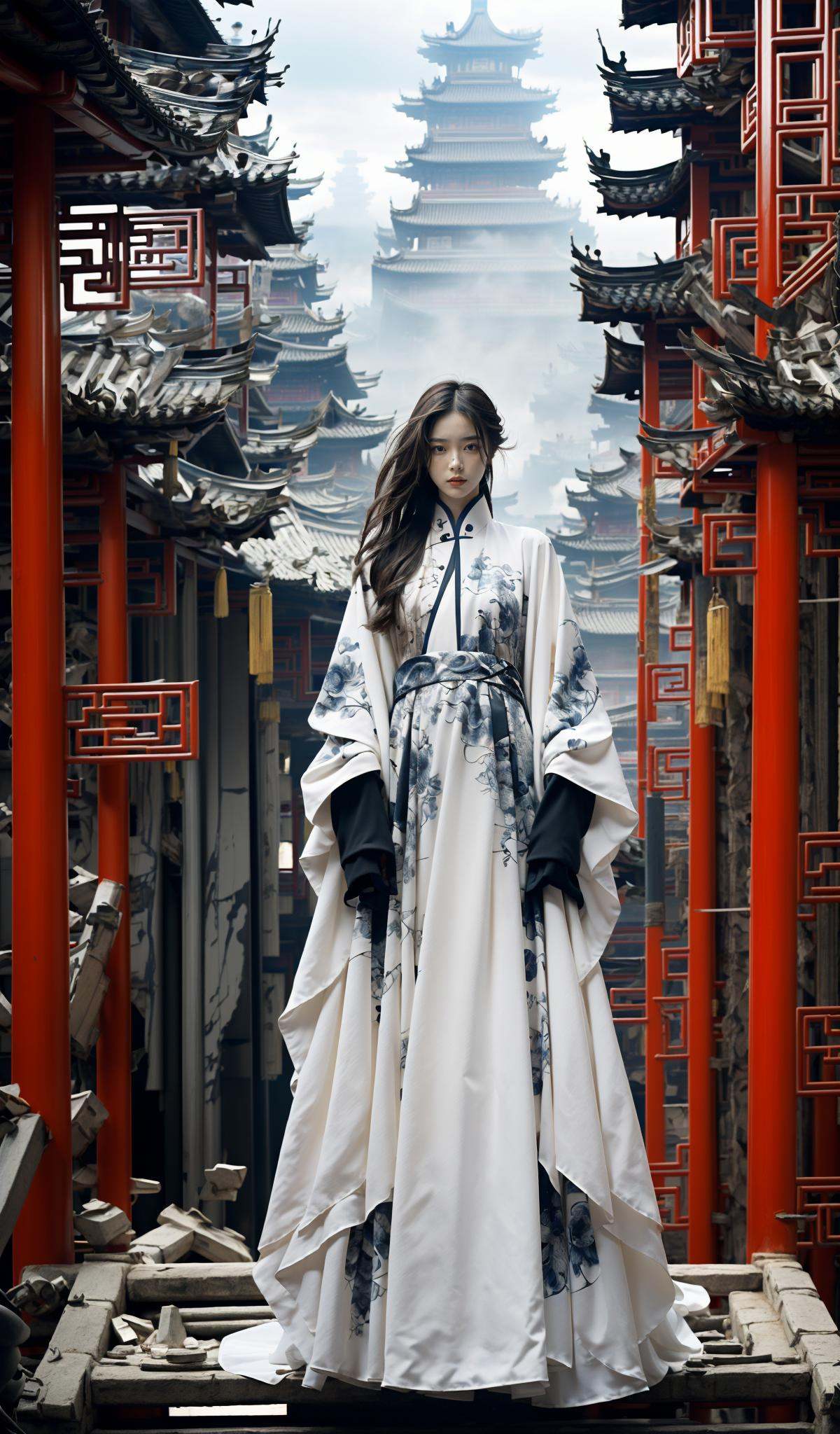 (dramatic, gritty, intense:1.4),masterpiece, best quality, 8k, insane details, intricate details, hyperdetailed, hyper quality, high detail, ultra detailed, Masterpiece, elaborate Hanfu，Hanfu, (Chinese architecture:1.5)， stands amidst a bustling metropolis' futuristic architecture.  This full body shot for Vogue, captured by Andreas Gursky, melds tradition and modernity， <lora:elaborate Hanfu_20230808075428-000010:1>