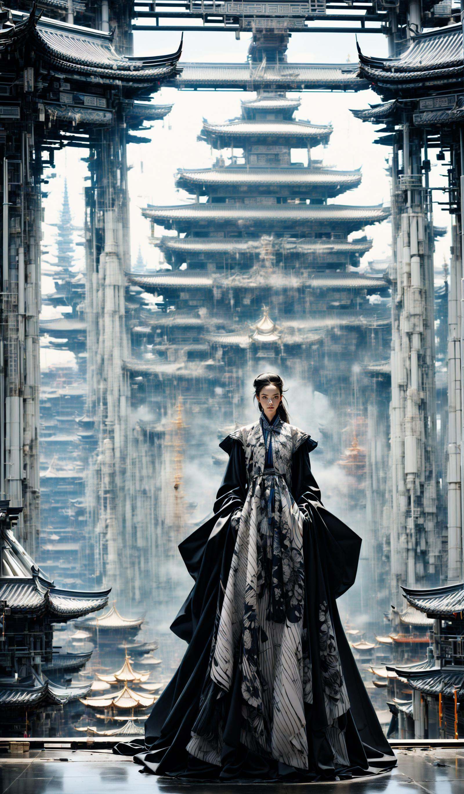 (dramatic, gritty, intense:1.4),masterpiece, best quality, 32k, insane details, intricate details, hyperdetailed, hyper quality, high detail, ultra detailed, Masterpiece, elaborate Hanfu，(blue Hanfu:1.4)，(Chinese architecture:1.5)，blue，1 girls, smoke，fog，A high fashion model, in an elaborate Hanfu designed by Alexander McQueen, stands amidst a bustling metropolis' futuristic architecture. This full body shot for Vogue, captured by Andreas Gursky, melds tradition and modernity，<lora:绪儿-﷿定汉服:0.9>