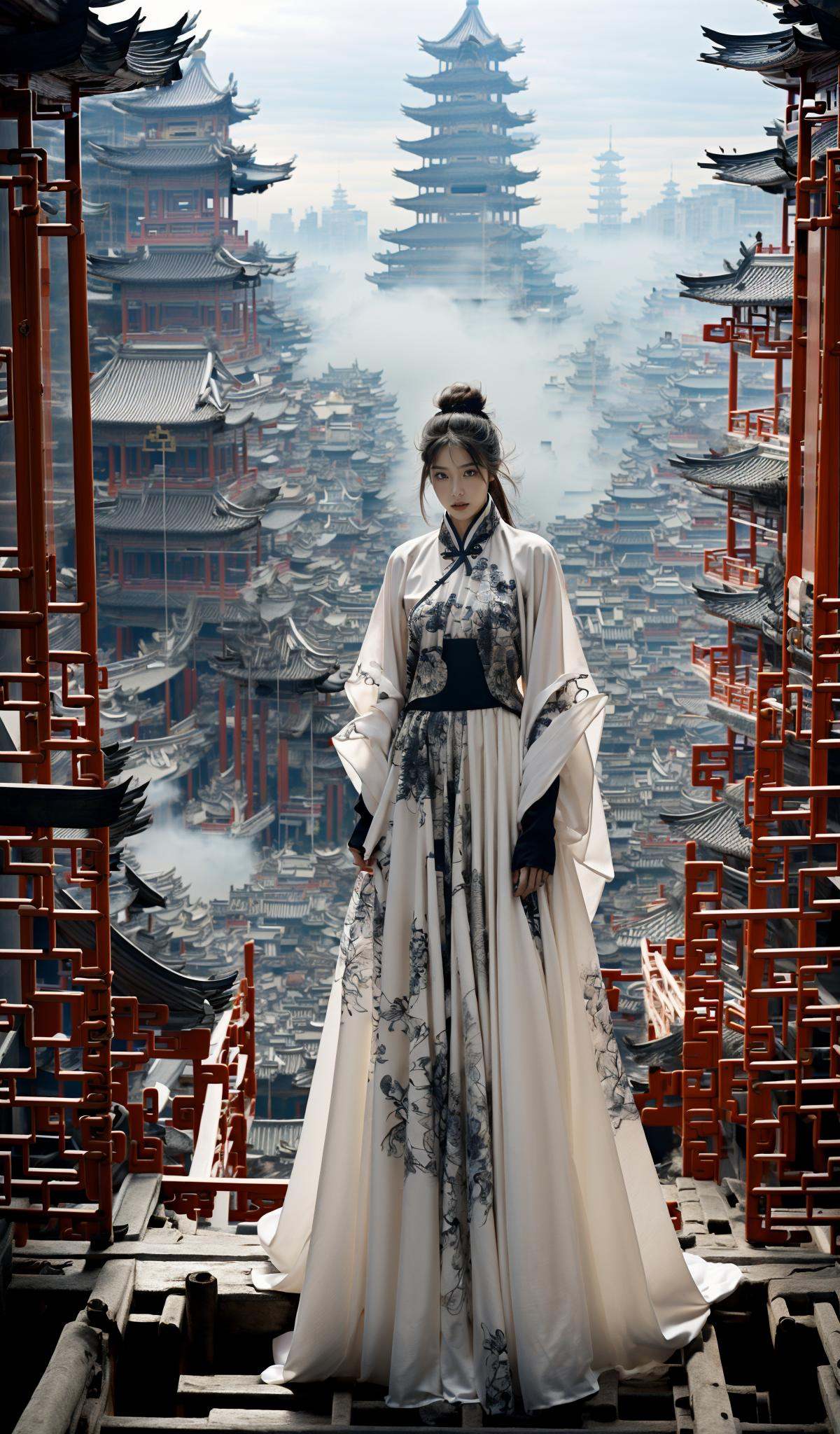 (dramatic, gritty, intense:1.4),masterpiece, best quality, 8k, insane details, intricate details, hyperdetailed, hyper quality, high detail, ultra detailed, Masterpiece, elaborate Hanfu，Hanfu, (Chinese architecture:1.5)， stands amidst a bustling metropolis' futuristic architecture.  This full body shot for Vogue, captured by Andreas Gursky, melds tradition and modernity， <lora:elaborate Hanfu_20230808075428-000016:1>