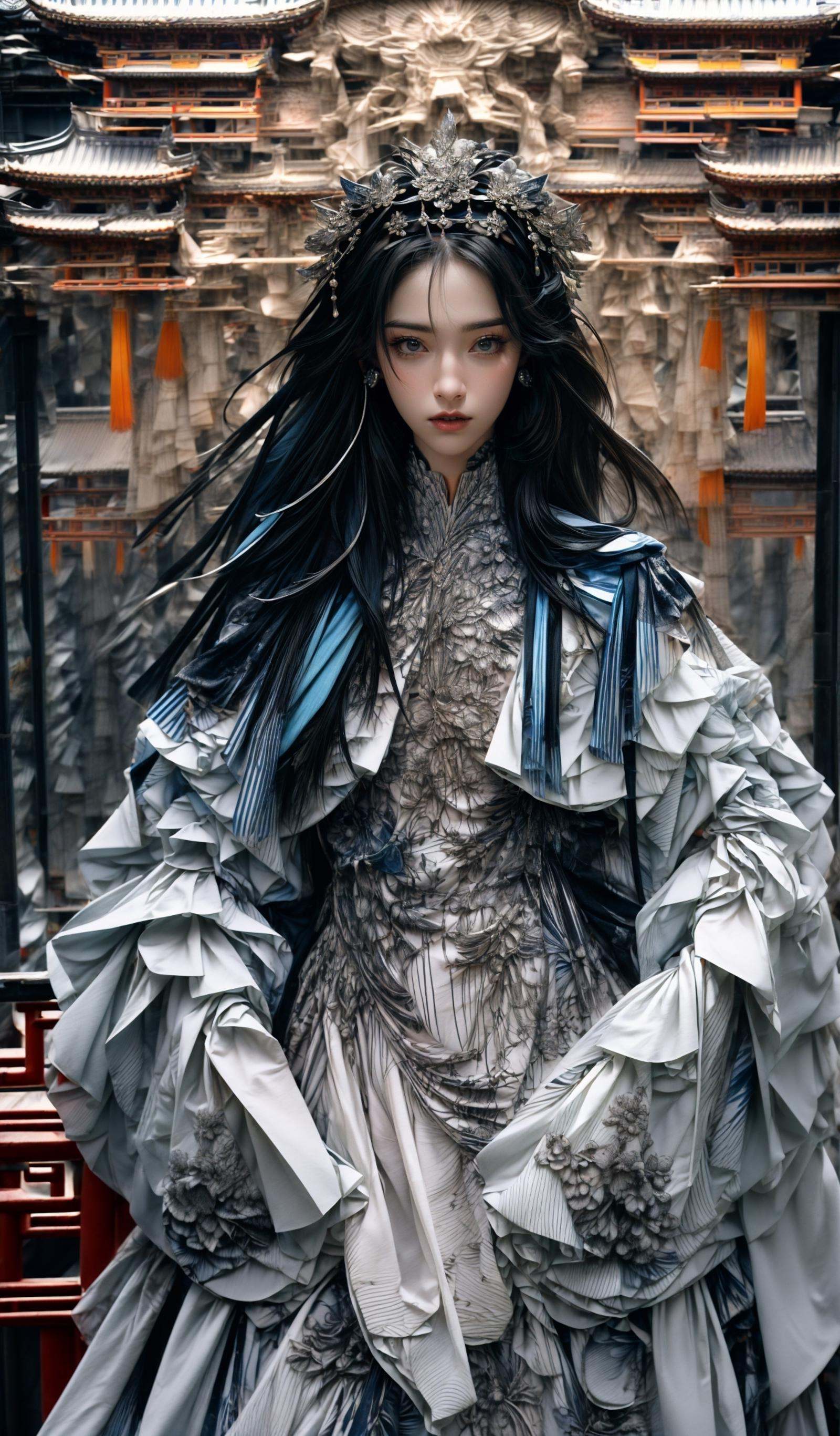 (dramatic, gritty, intense:1.4),masterpiece, best quality, 32k, insane details, intricate details, hyperdetailed, hyper quality, high detail, ultra detailed, Masterpiece, elaborate Hanfu，(Hanfu:1.4)，(Chinese architecture:1.5)，1 girls, smoke，fog，A high fashion model, in an elaborate Hanfu designed by Alexander McQueen, stands amidst a bustling metropolis' futuristic architecture. This full body shot for Vogue, captured by Andreas Gursky, melds tradition and modernity，<lora:绪儿-﷿定汉服:0.6>