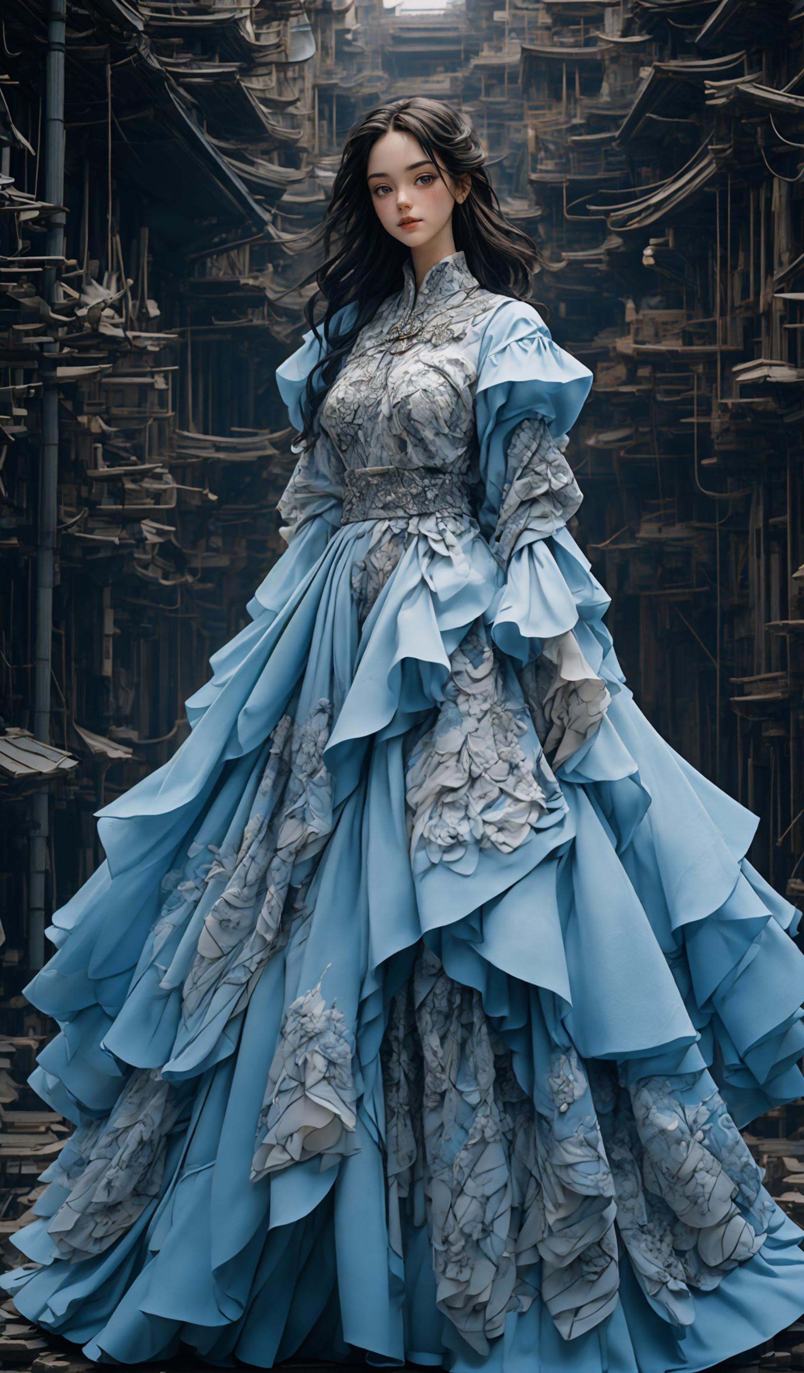 (dramatic, gritty, intense:1.4),masterpiece, best quality, 32k, insane details, intricate details, hyperdetailed, hyper quality, high detail, ultra detailed, Masterpiece, elaborate Hanfu，(blue Hanfu:1.4)，(Chinese architecture:1.5)，blue，smoke，fog，<lora:绪儿-﷿定汉服:0.9>