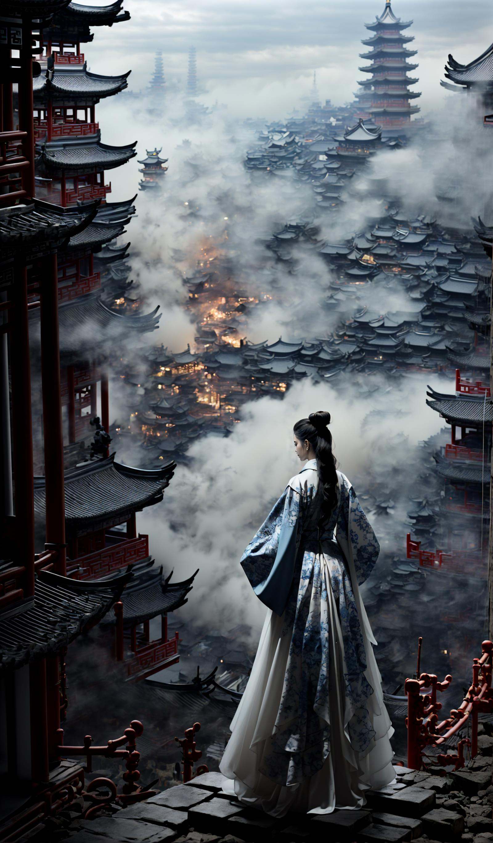 (dramatic, gritty, intense:1.4),masterpiece, best quality, 32k, insane details, intricate details, hyperdetailed, hyper quality, high detail, ultra detailed, Masterpiece, elaborate Hanfu，(White and blue Hanfu:1.3)，(Chinese architecture:1.5)，White and blue， upper body，1 girls, smoke，fog，A high fashion model, in an elaborate Hanfu designed by Alexander McQueen, stands amidst a bustling metropolis' futuristic architecture. This full body shot for Vogue, captured by Andreas Gursky, melds tradition and modernity，<lora:绪儿-﷿定汉服:0.9>