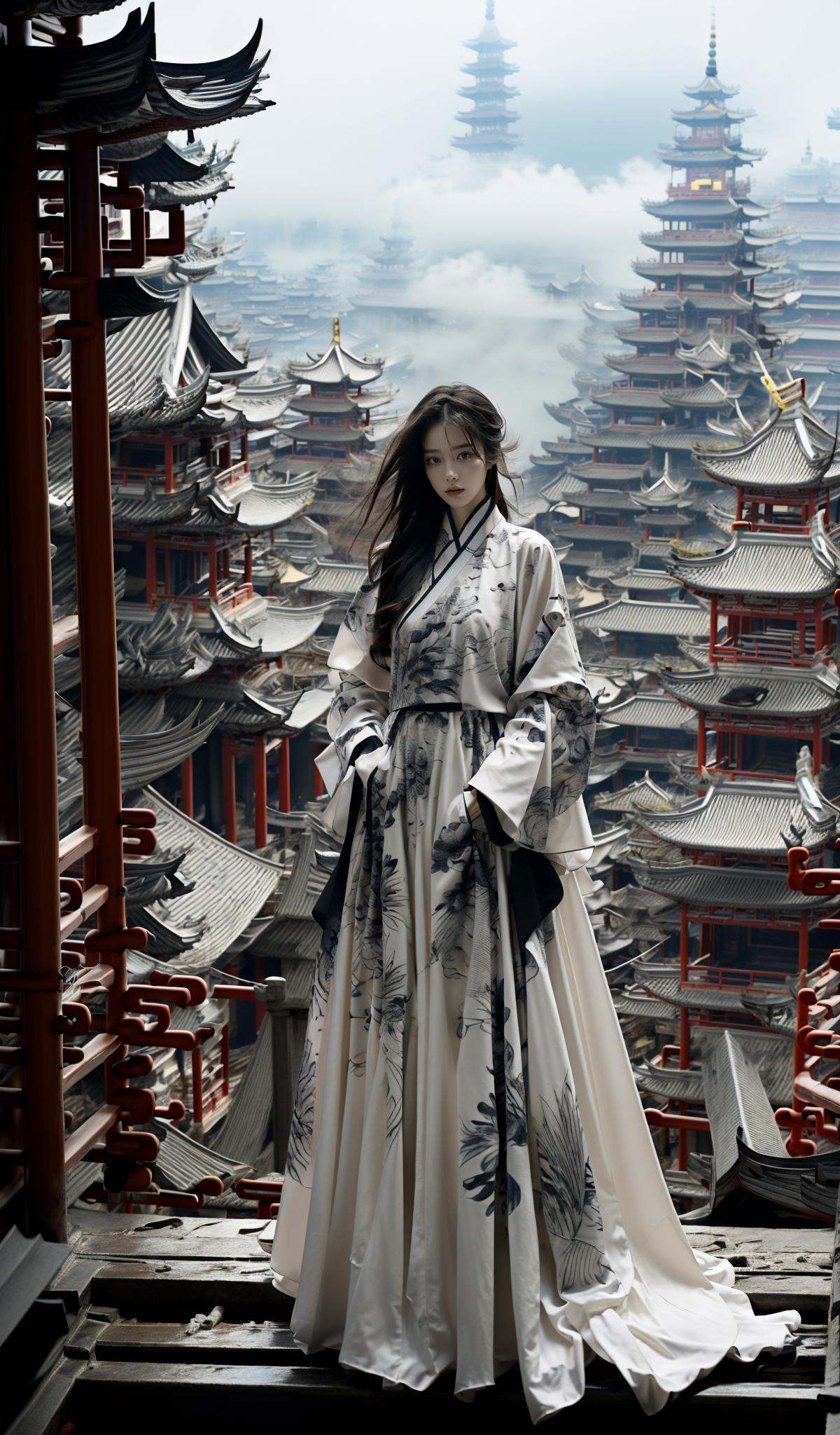 (dramatic, gritty, intense:1.4),masterpiece, best quality, 8k, insane details, intricate details, hyperdetailed, hyper quality, high detail, ultra detailed, Masterpiece, elaborate Hanfu，Hanfu, (Chinese architecture:1.5)， stands amidst a bustling metropolis' futuristic architecture.  This full body shot for Vogue, captured by Andreas Gursky, melds tradition and modernity， <lora:elaborate Hanfu_20230808075428:1>