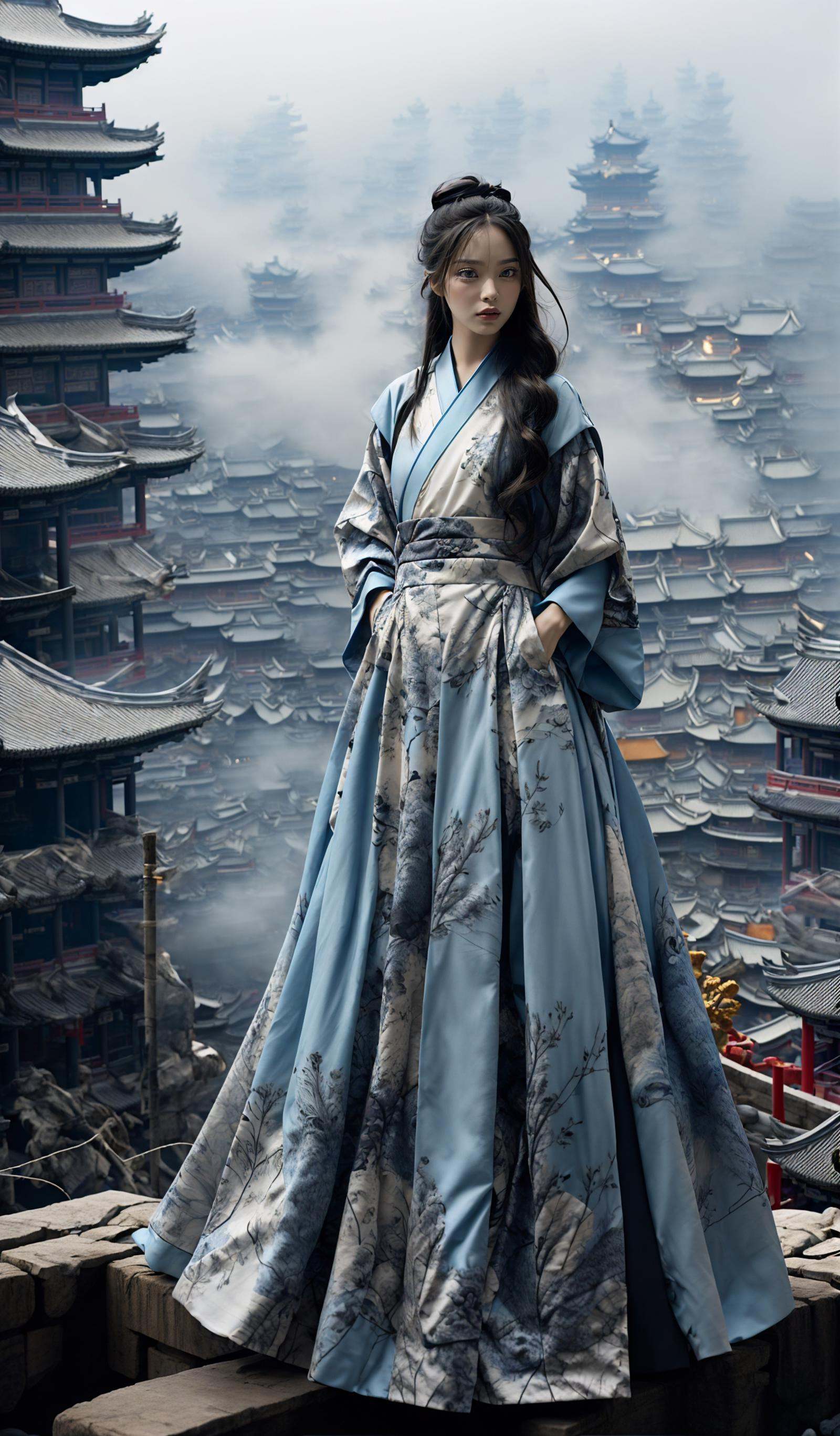 (dramatic, gritty, intense:1.4),masterpiece, best quality, 32k, insane details, intricate details, hyperdetailed, hyper quality, high detail, ultra detailed, Masterpiece, elaborate Hanfu，(blue Hanfu:1.4)，(Chinese architecture:1.5)，blue，1 girls, smoke，fog，A high fashion model, in an elaborate Hanfu designed by Alexander McQueen, stands amidst a bustling metropolis' futuristic architecture. This full body shot for Vogue, captured by Andreas Gursky, melds tradition and modernity，<lora:绪儿-﷿定汉服:0.9>