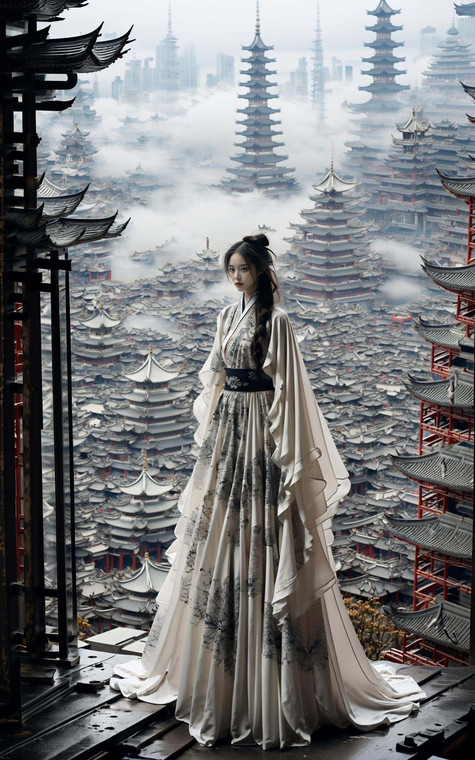 (dramatic, gritty, intense:1.4),masterpiece, best quality, 8k, insane details, intricate details, hyperdetailed, hyper quality, high detail, ultra detailed, Masterpiece, elaborate Hanfu，(Hanfu，Chinese architecture:1.3)， stands amidst a bustling metropolis' futuristic architecture.  This full body shot for Vogue, captured by Andreas Gursky, melds tradition and modernity， <lora:elaborate Hanfu_20230808075428:1>