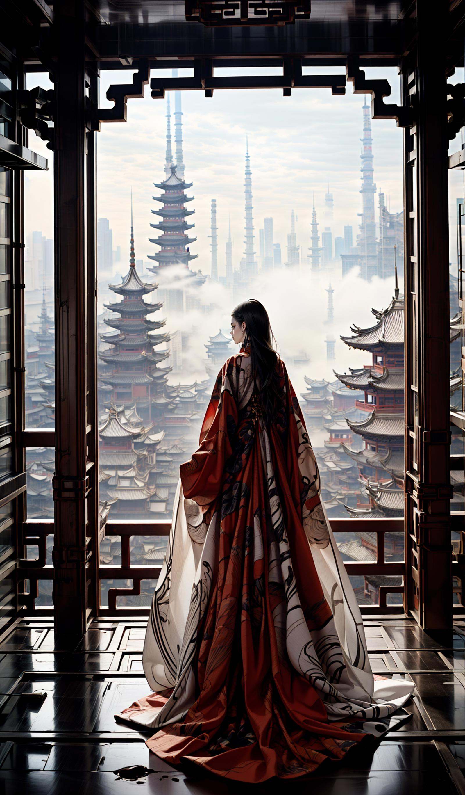 (dramatic, gritty, intense:1.4),masterpiece, best quality, 32k, insane details, intricate details, hyperdetailed, hyper quality, high detail, ultra detailed, Masterpiece, elaborate Hanfu，(red Hanfu:1.4)，(Chinese architecture:1.5)，red，1 girls, smoke，fog，A high fashion model, in an elaborate Hanfu designed by Alexander McQueen, stands amidst a bustling metropolis' futuristic architecture. This full body shot for Vogue, captured by Andreas Gursky, melds tradition and modernity，<lora:绪儿-﷿定汉服:0.9>