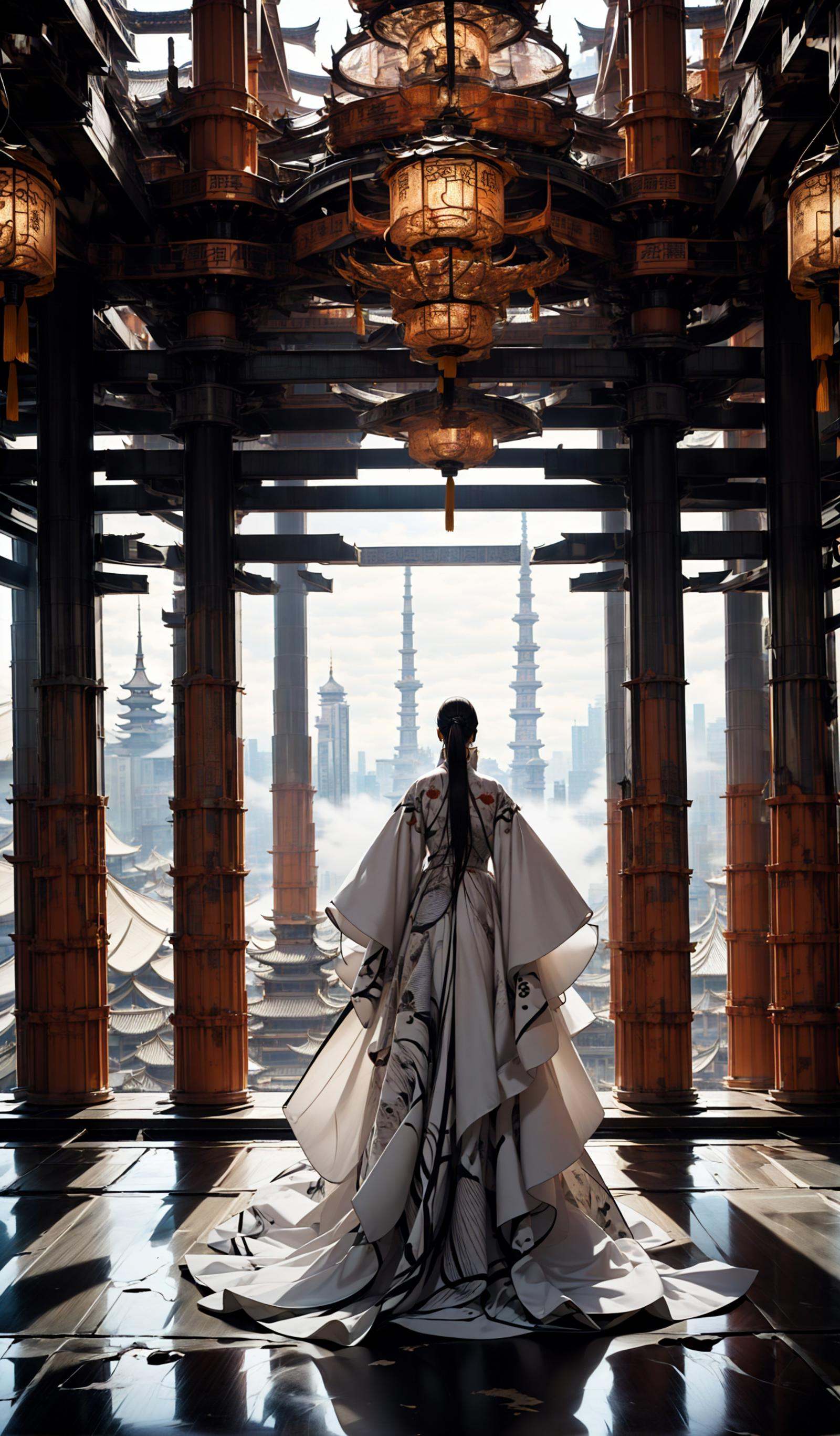 (dramatic, gritty, intense:1.4),masterpiece, best quality, 32k, insane details, intricate details, hyperdetailed, hyper quality, high detail, ultra detailed, Masterpiece, elaborate Hanfu，(red Hanfu:1.4)，(Chinese architecture:1.5)，red，1 girls, smoke，fog，A high fashion model, in an elaborate Hanfu designed by Alexander McQueen, stands amidst a bustling metropolis' futuristic architecture. This full body shot for Vogue, captured by Andreas Gursky, melds tradition and modernity，<lora:绪儿-﷿定汉服:0.9>