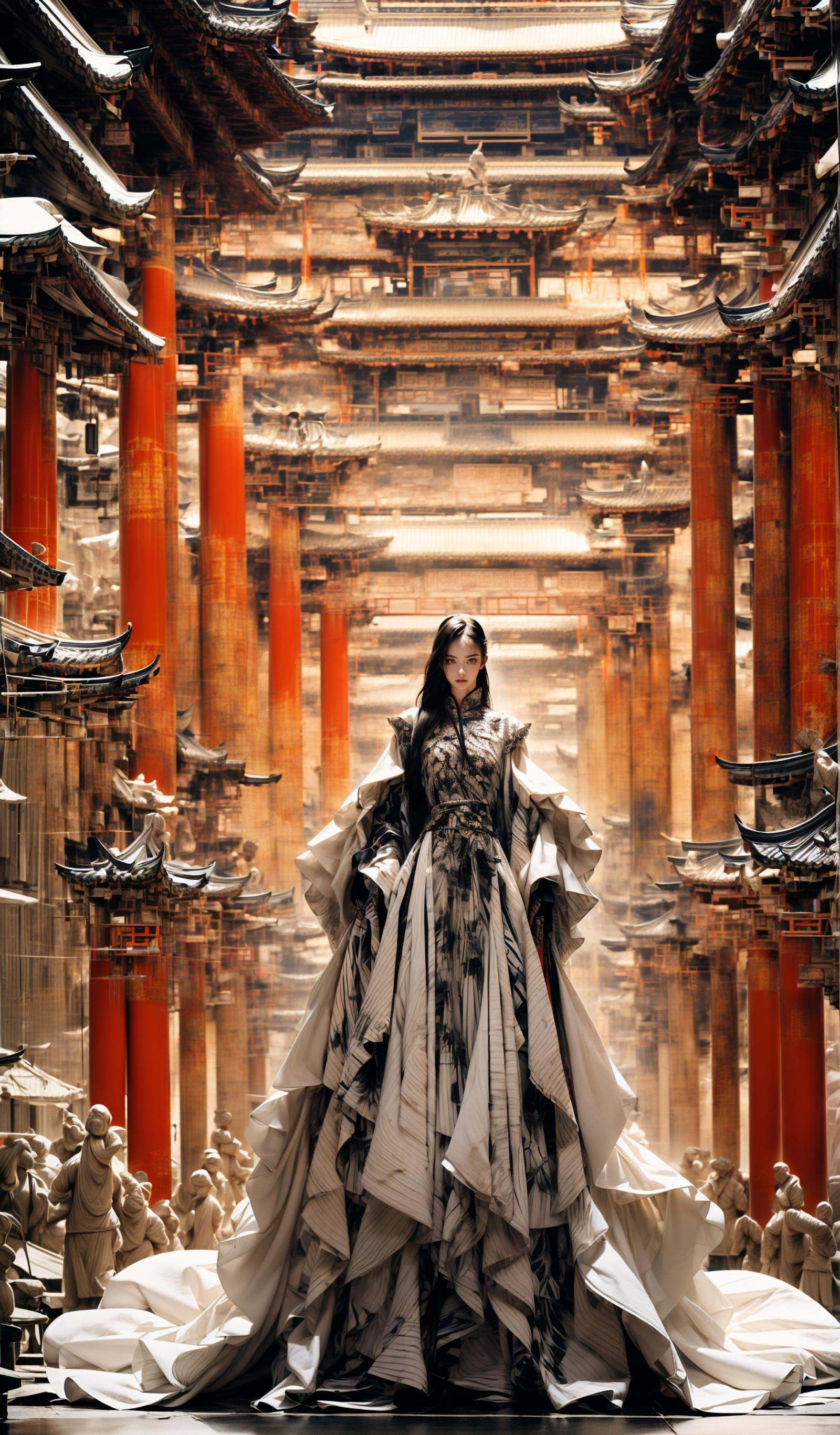(dramatic, gritty, intense:1.4),masterpiece, best quality, 32k, insane details, intricate details, hyperdetailed, hyper quality, high detail, ultra detailed, Masterpiece, elaborate Hanfu，(red Hanfu:1.4)，(Chinese architecture:1.5)，red，1 girls, smoke，fog，A high fashion model, in an elaborate Hanfu designed by Alexander McQueen, stands amidst a bustling metropolis' futuristic architecture. This full body shot for Vogue, captured by Andreas Gursky, melds tradition and modernity，<lora:绪儿-﷿定汉服:0.9>