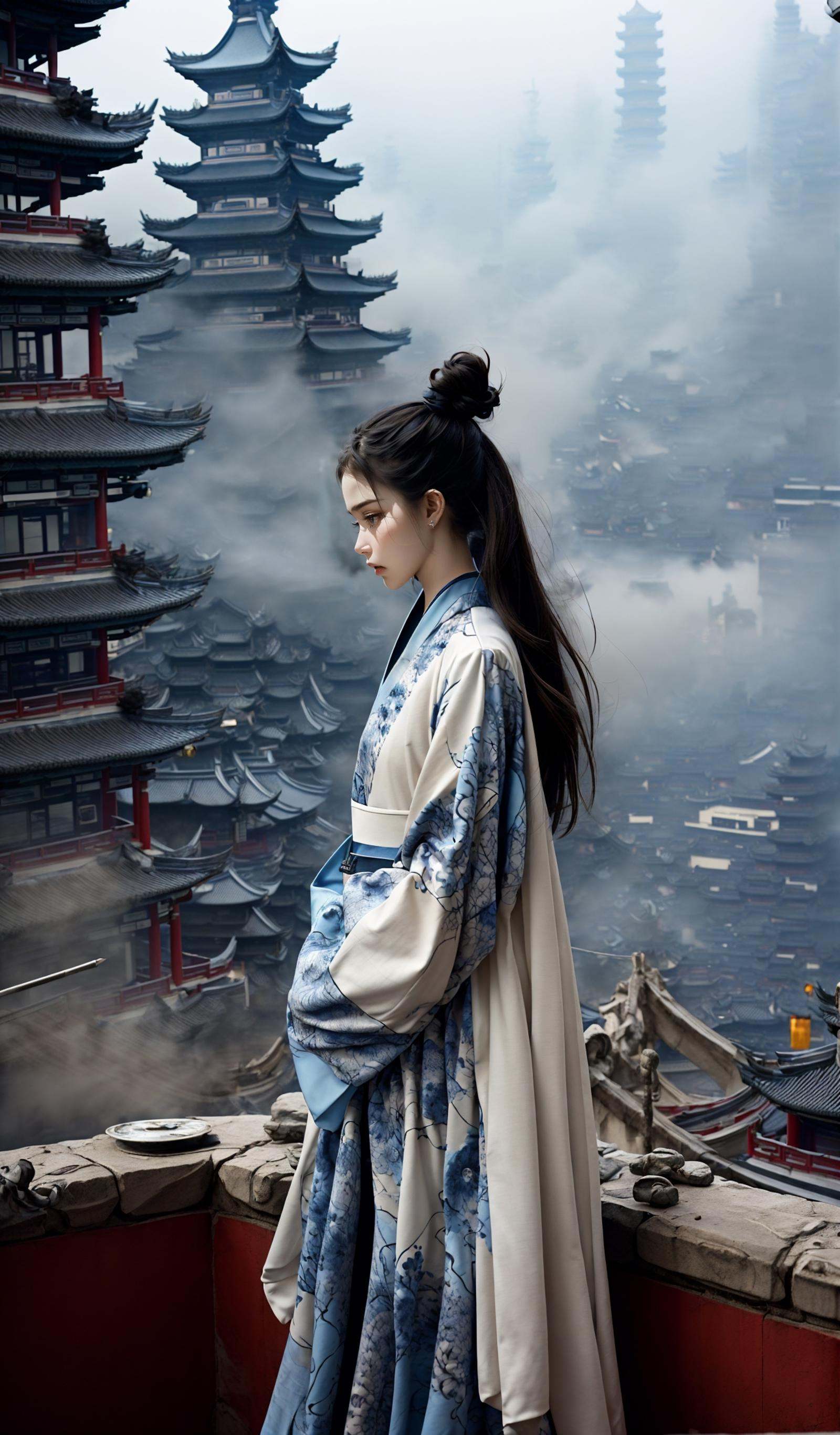 (dramatic, gritty, intense:1.4),masterpiece, best quality, 32k, insane details, intricate details, hyperdetailed, hyper quality, high detail, ultra detailed, Masterpiece, elaborate Hanfu，(Hanfu:1.4)，(Chinese architecture:1.5)，1 girls, smoke，fog，A high fashion model, in an elaborate Hanfu designed by Alexander McQueen, stands amidst a bustling metropolis' futuristic architecture. This full body shot for Vogue, captured by Andreas Gursky, melds tradition and modernity，<lora:绪儿-﷿定汉服:0.6>