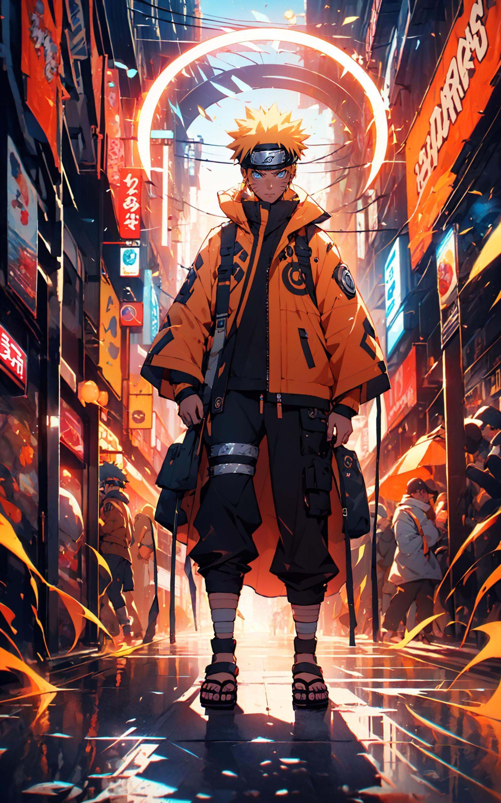Naruto Uzumaki in Naruto, holographic reality, holographic halo, motion blur, game light effect, rim light, soft light, movie rim light, delicate light, cyberpunk style, oil painting texture, full length shot, 3D artist, detailed, futuristic， <lora:Naruto_20230804071043-000016:0.8>